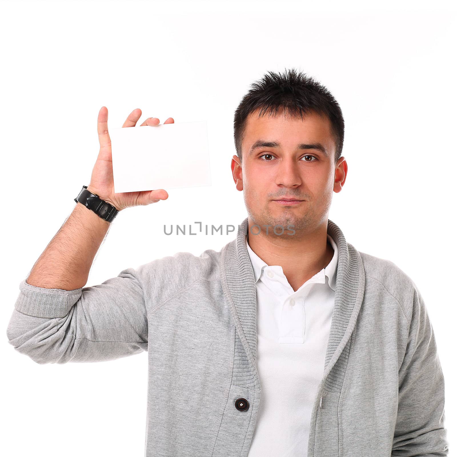 Young handsome man with board isolated over white background