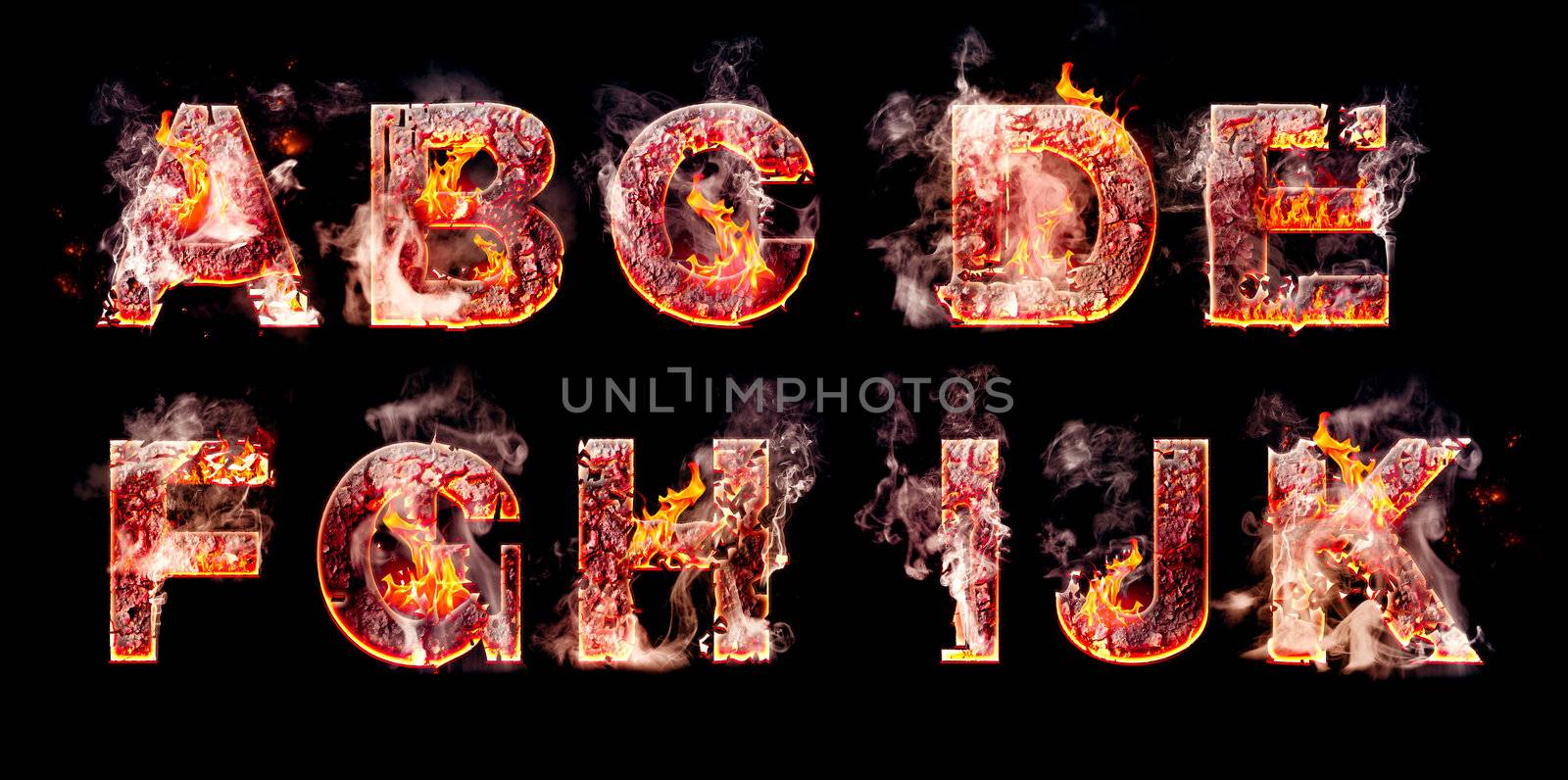 Set of hell burning letters isolated over black background
