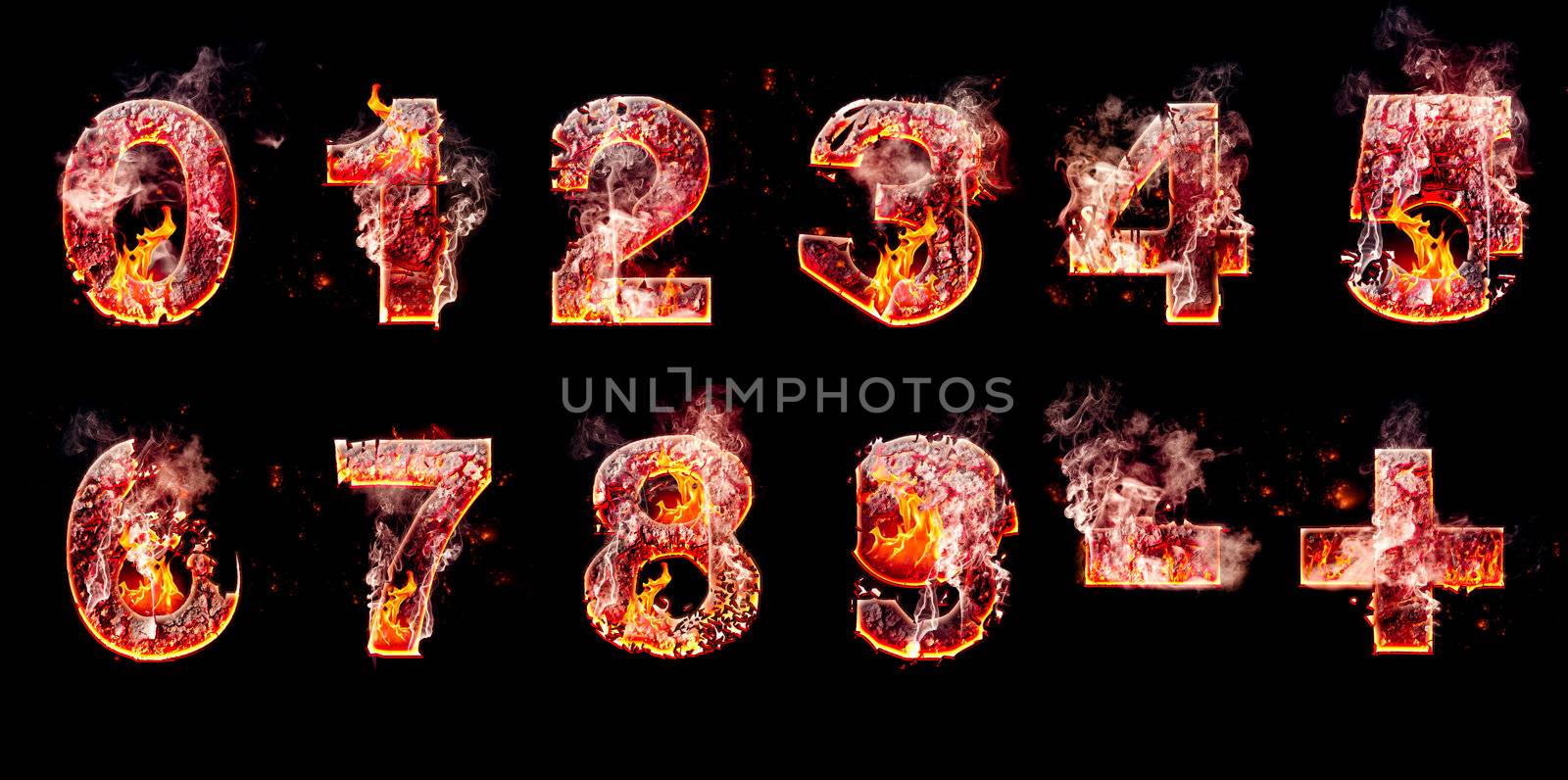 Set of hell burning numbers isolated over black background