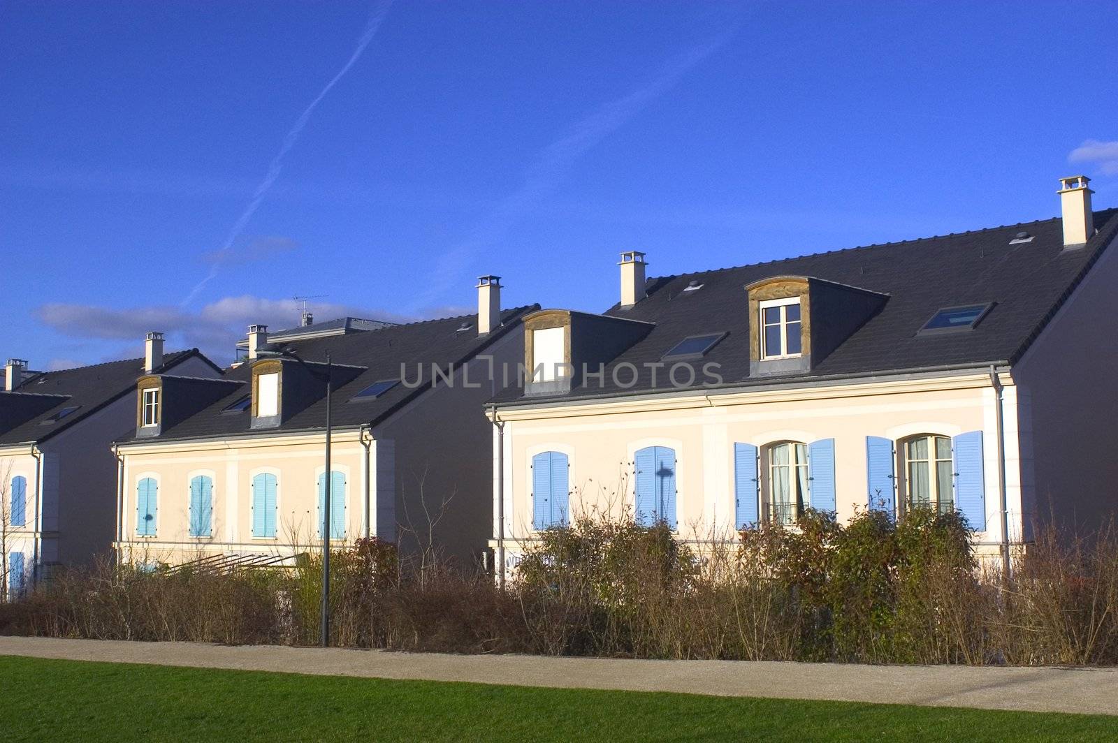 New real estate in France in the Paris region. Houses in an allotment which has just been finished.