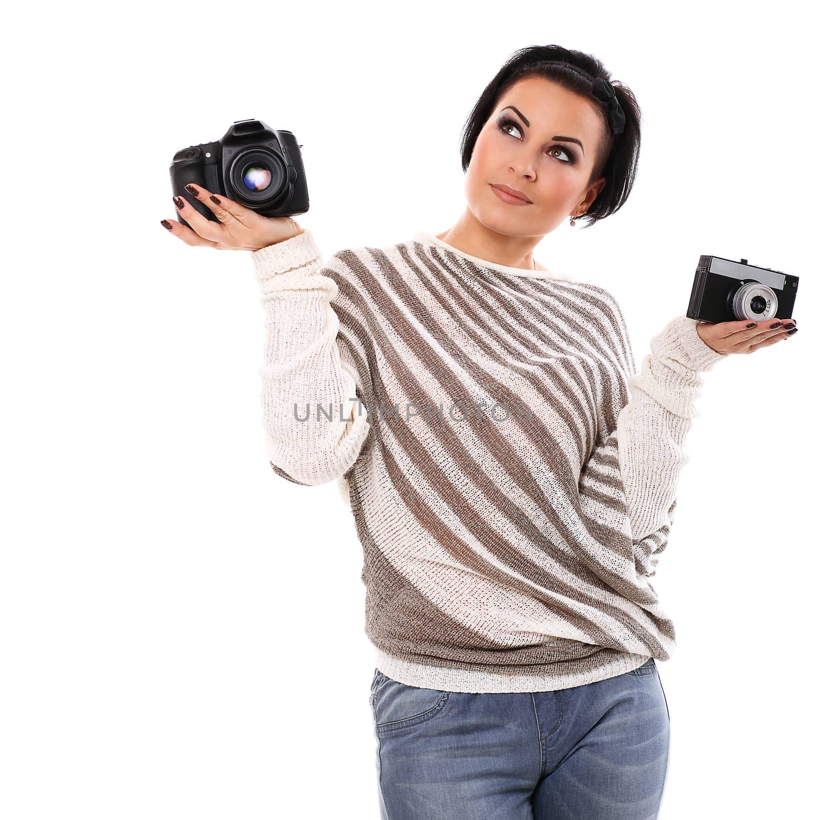 Young happy woman with camera isolated over white background