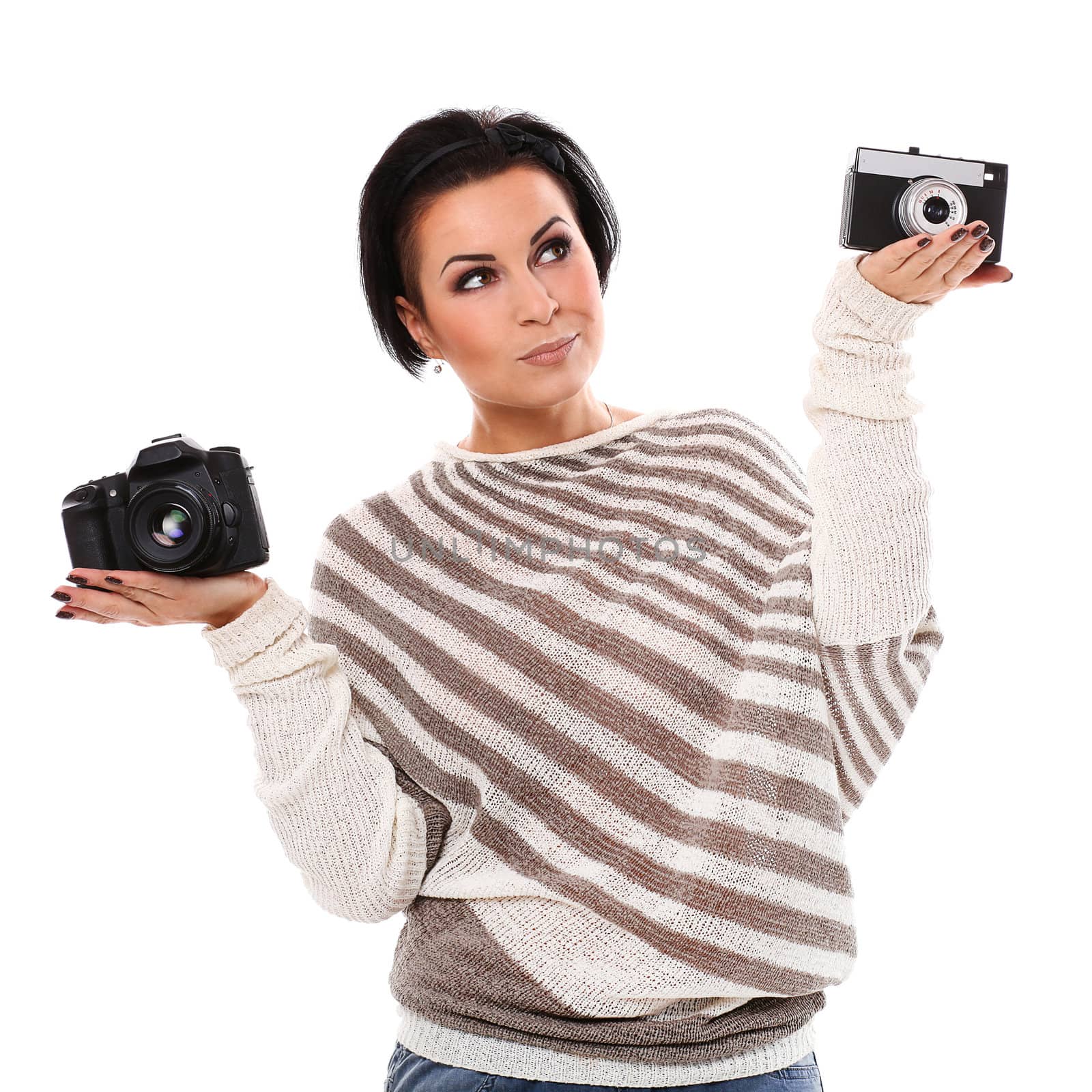 Young happy woman with camera isolated over white background