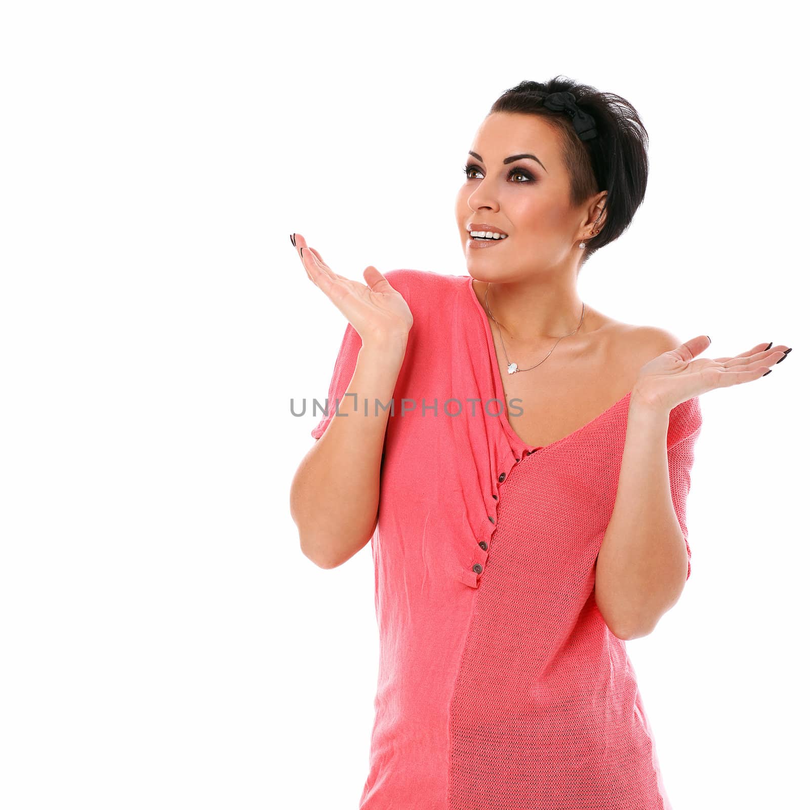 Young happy woman isolated over white background