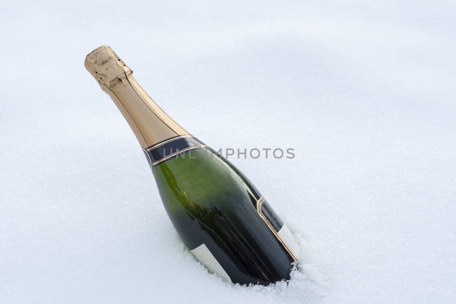 full bottle champagne in the winter snow
