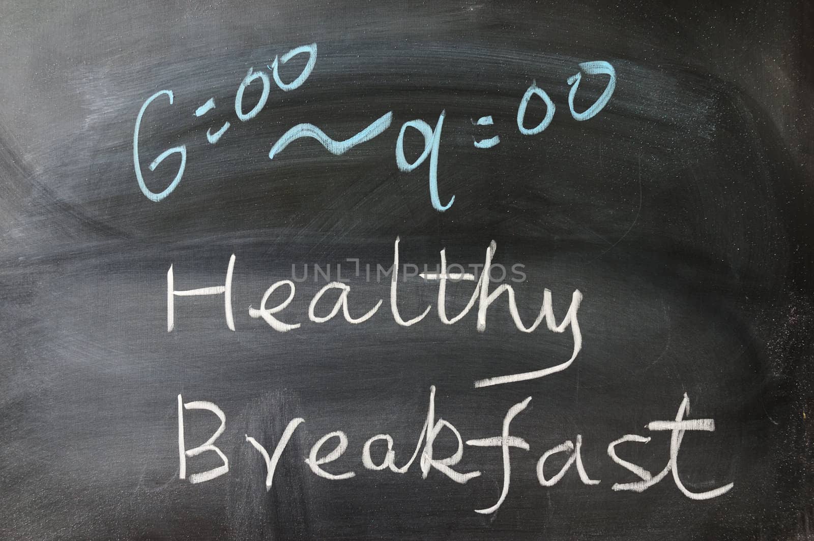 Healthy breakfast words written on the blackboard