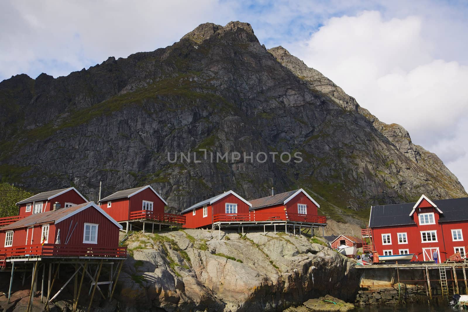 Traditional red rorbu fishing huts on Lofoten islands in Norway