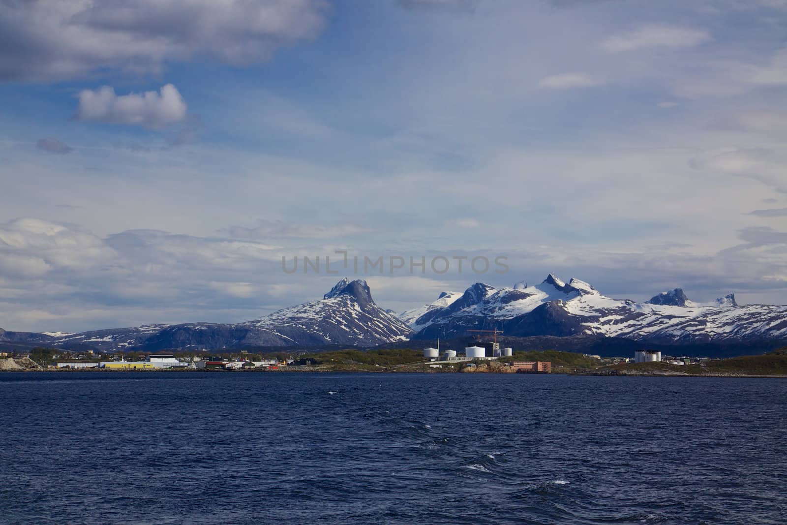 Scenic view of town Bodo in Norway from the sea