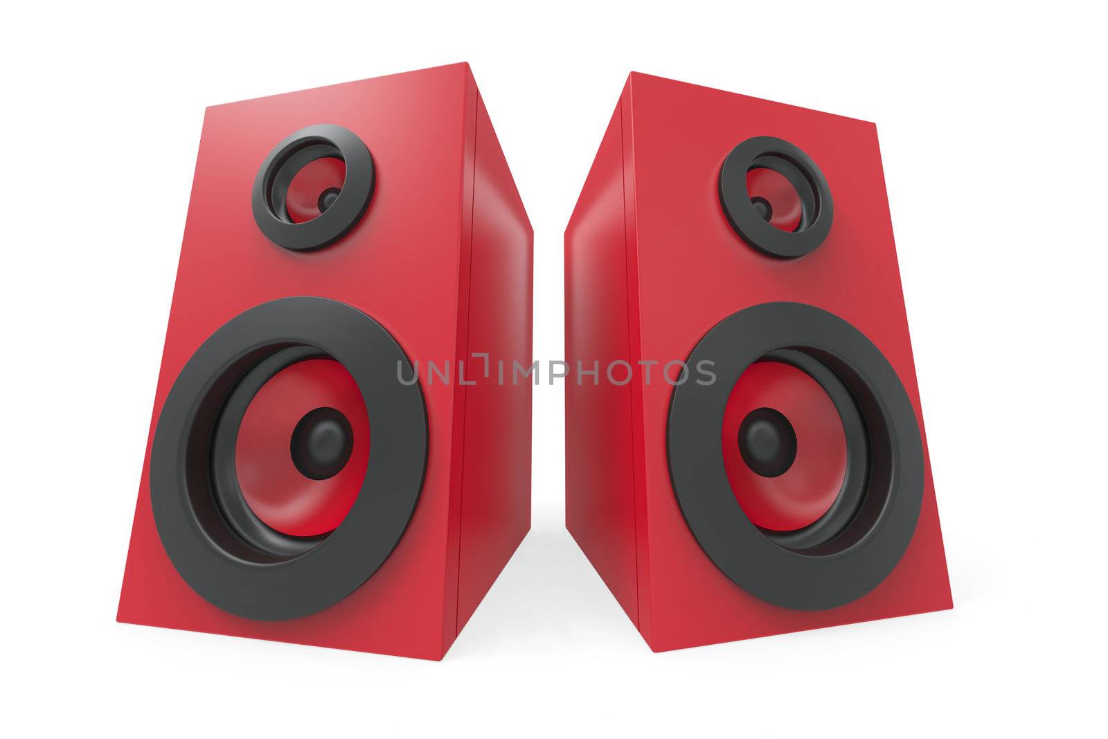 Red stereo speakers on white background