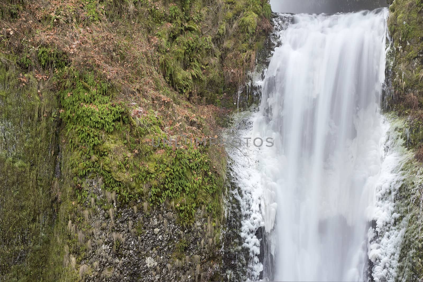 Multnomah Falls in Columbia River Gorge in Winter Lower Section Closeup