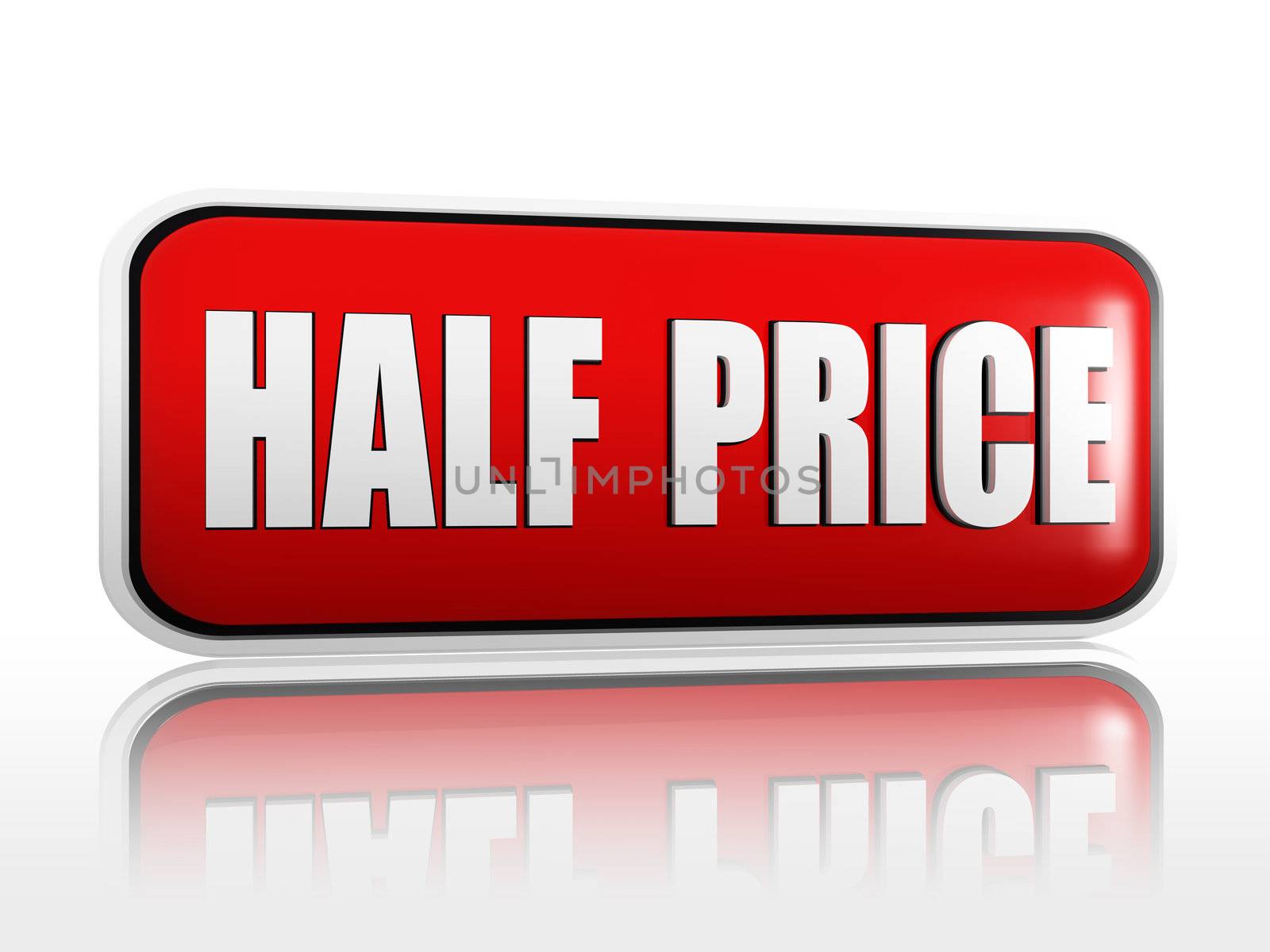 half price - 3d red banner with white text like button, business concept