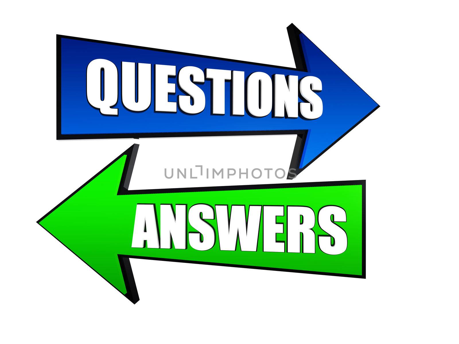 words questions and answers in 3d arrows with text in divergent directions, business concept