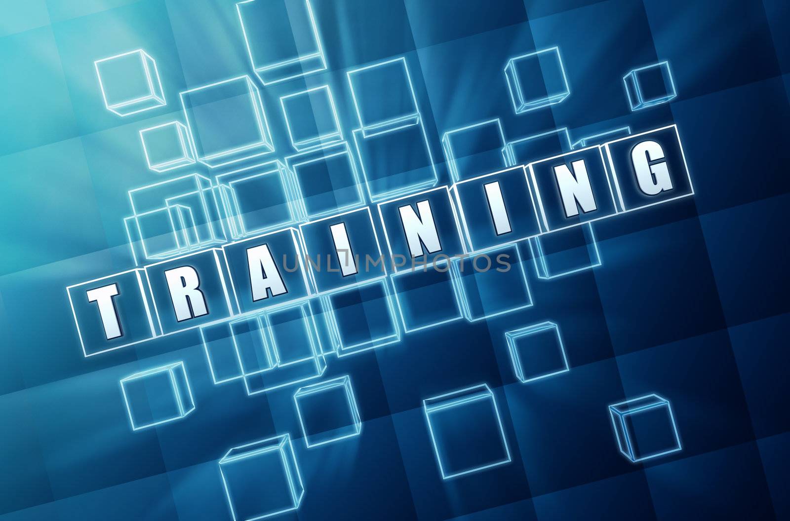 training text in 3d blue glass cubes, business concept