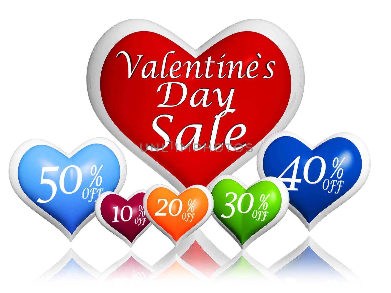 text valentines day sale and different percentages rebate in 3d hearts banners, seasonal business concept