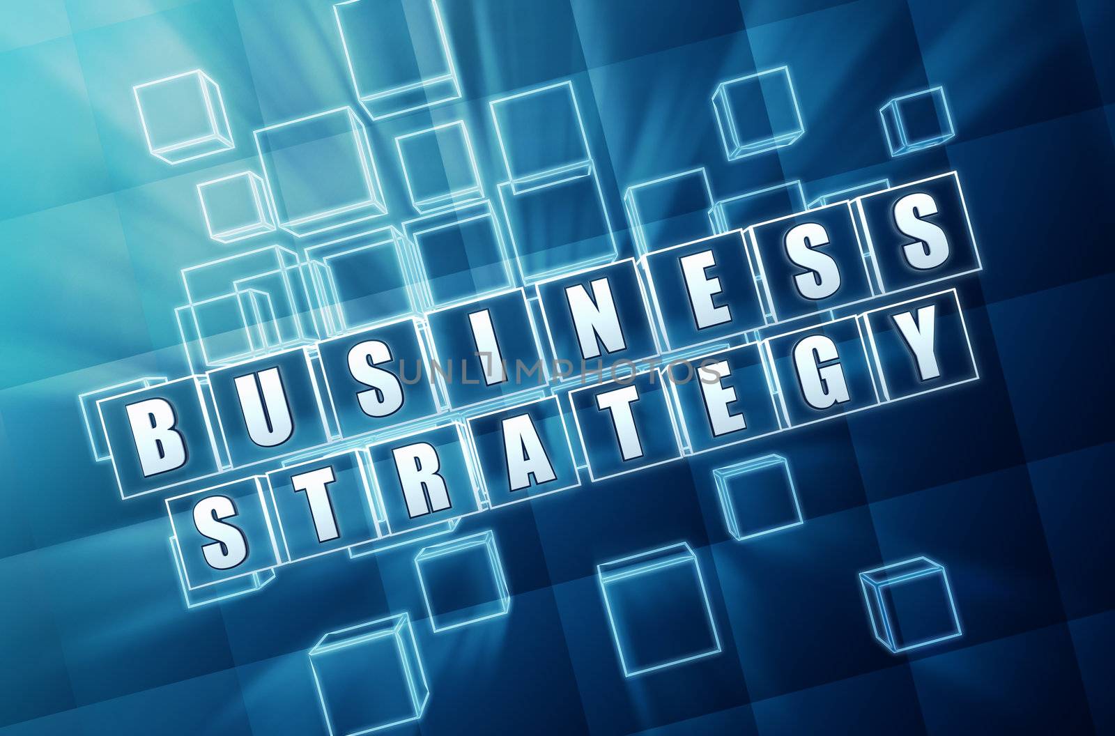 business strategy text in 3d blue glass cubes with white letters