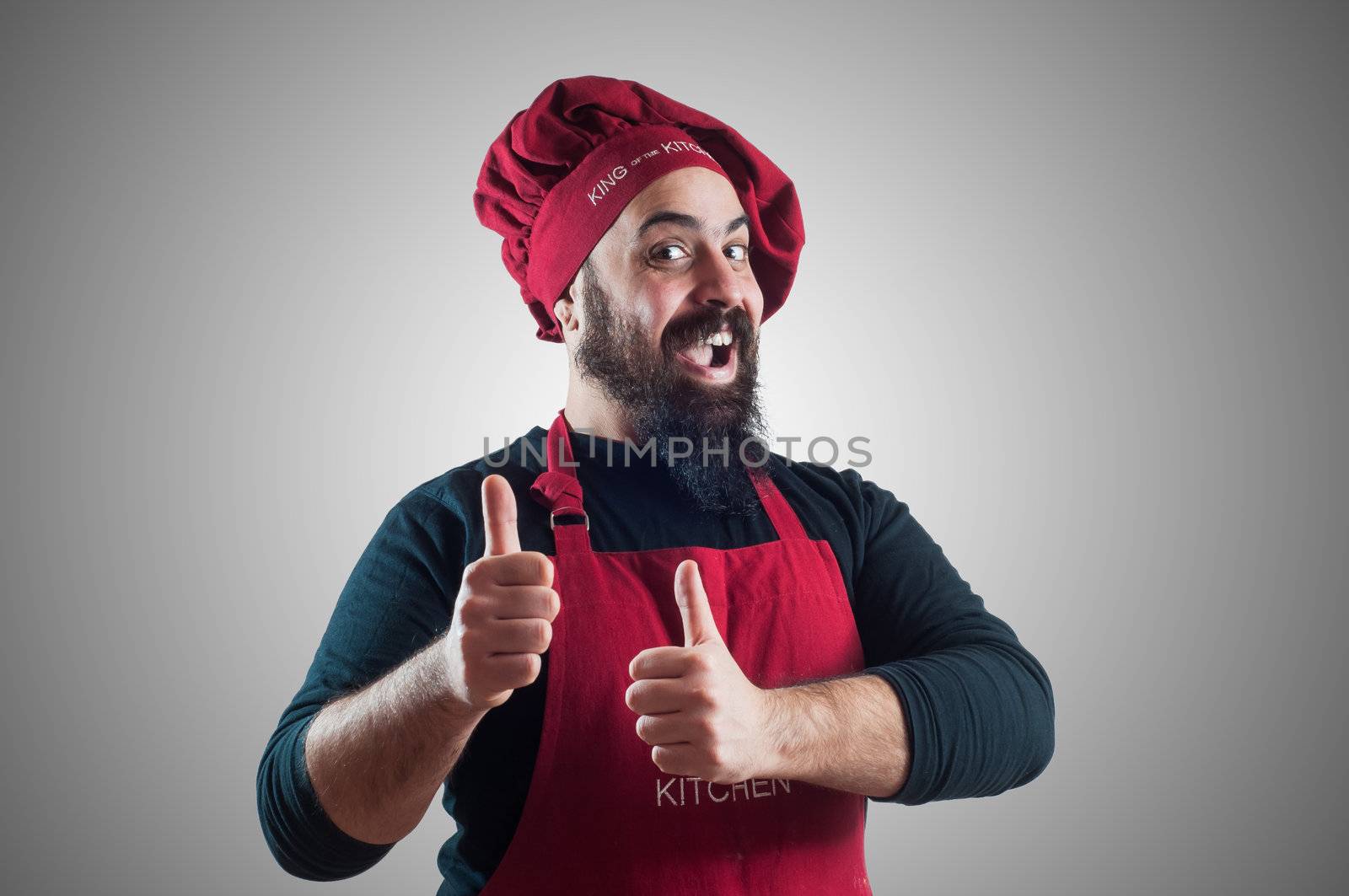 hppy bearded chubby chef on grey background