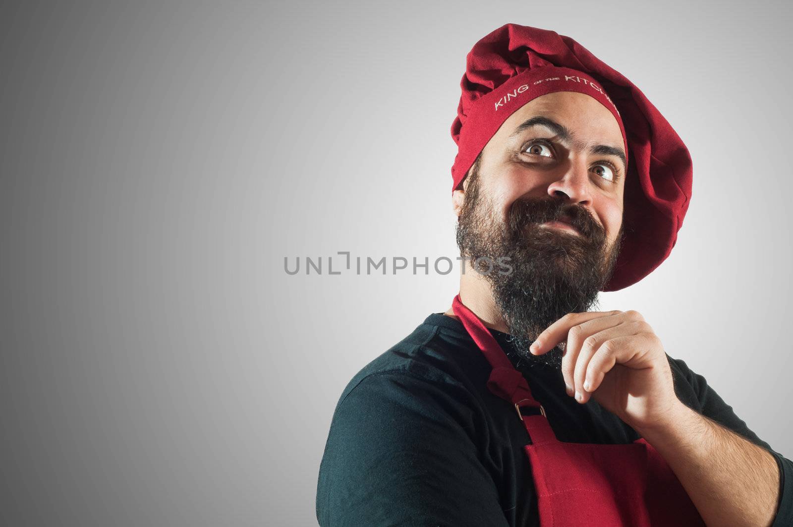 hppy bearded chubby chef on grey background