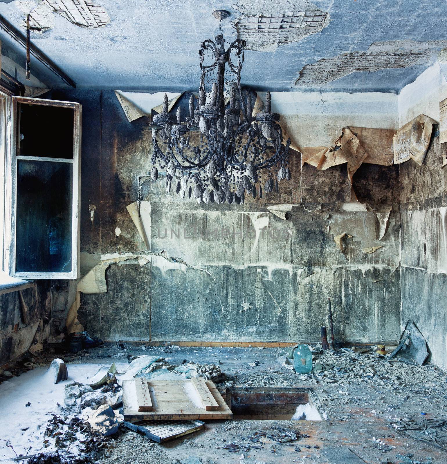 old abandoned burned interior photo 