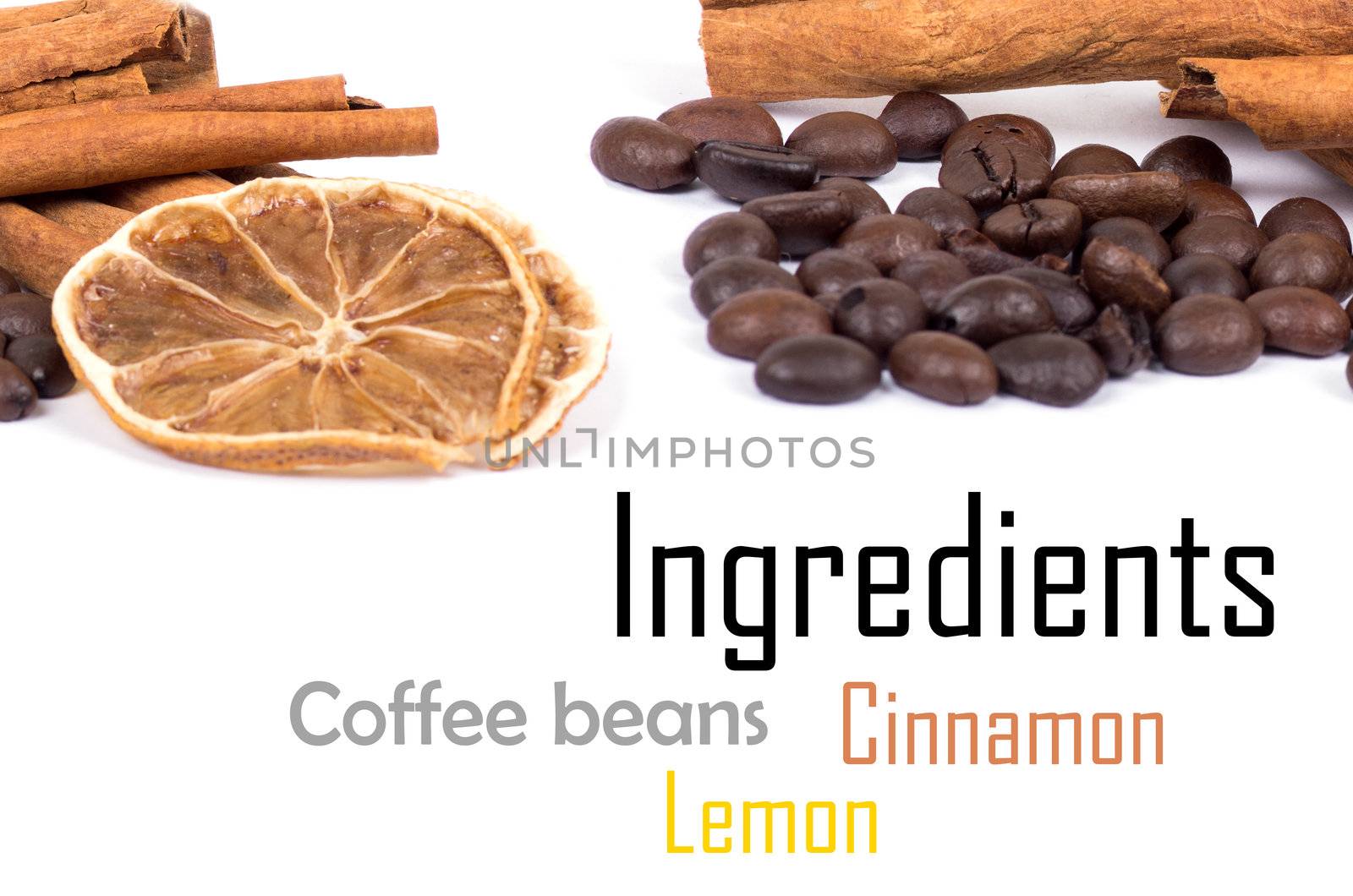 cinnamon, lemon and coffee beans isolated on white
