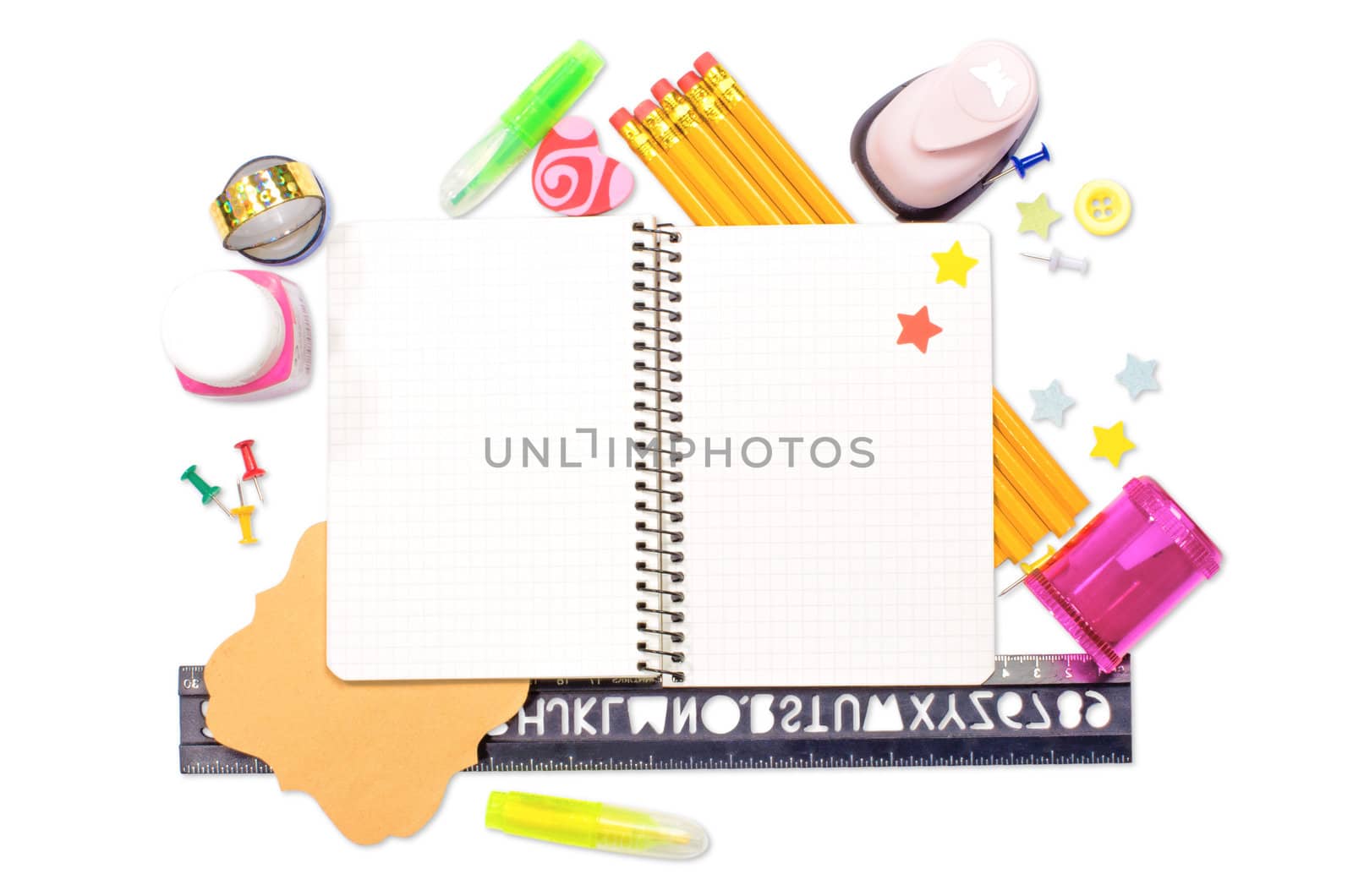 Photo of office and student gear over white background - Back to school concept