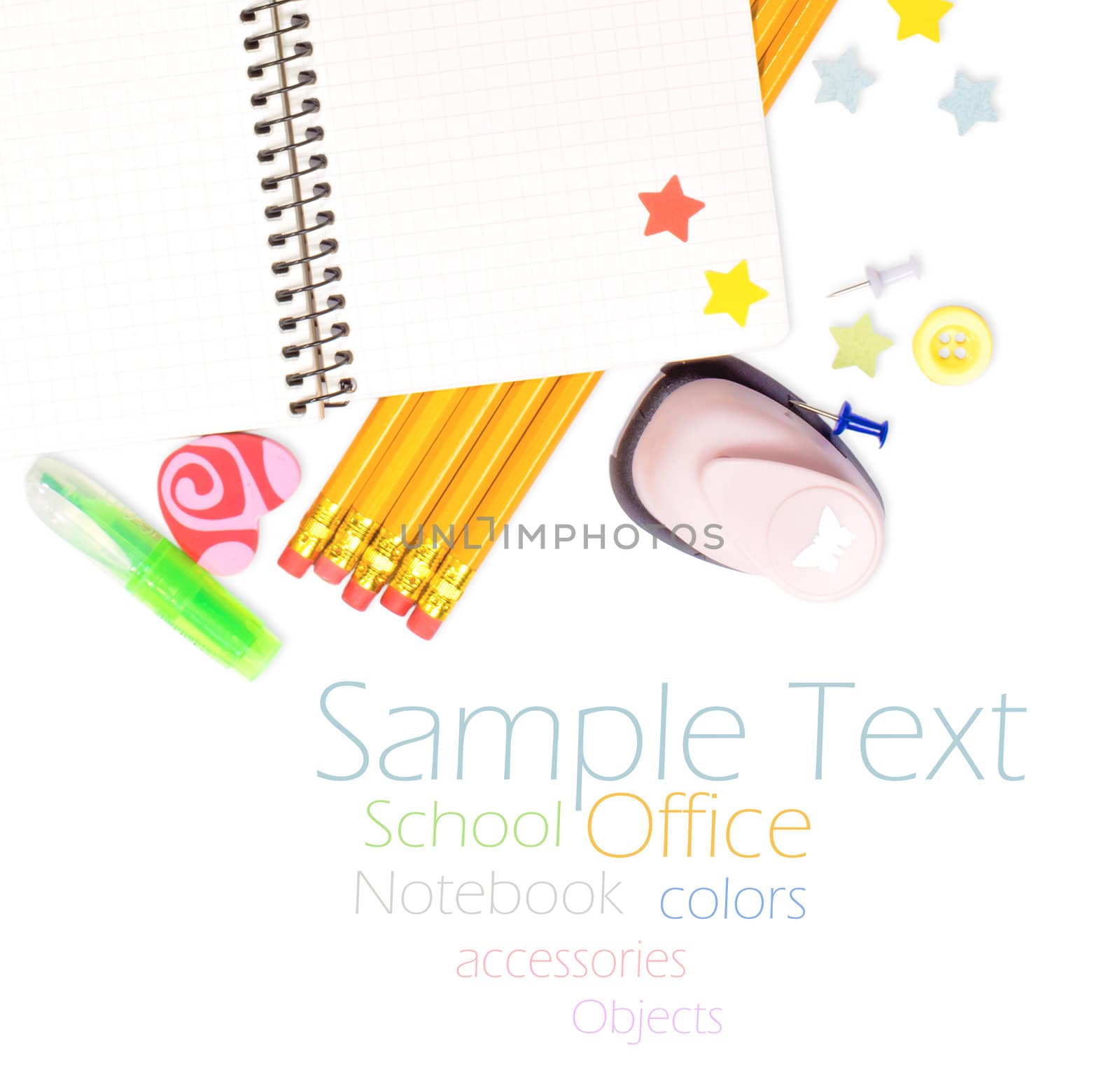 Photo of office and student gear over white background - Back to school concept