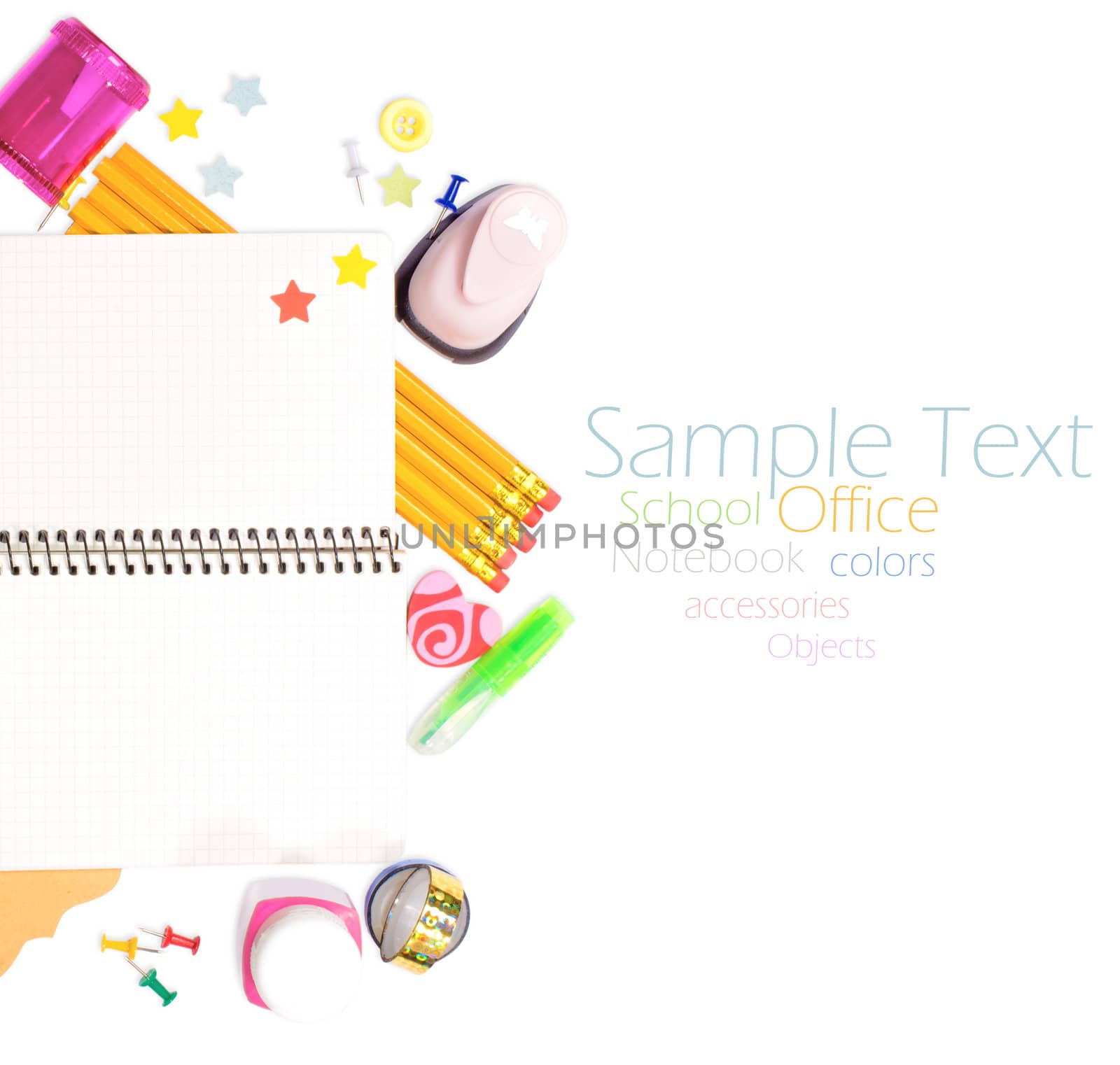 Photo of office and student gear over white background - Back to school concept