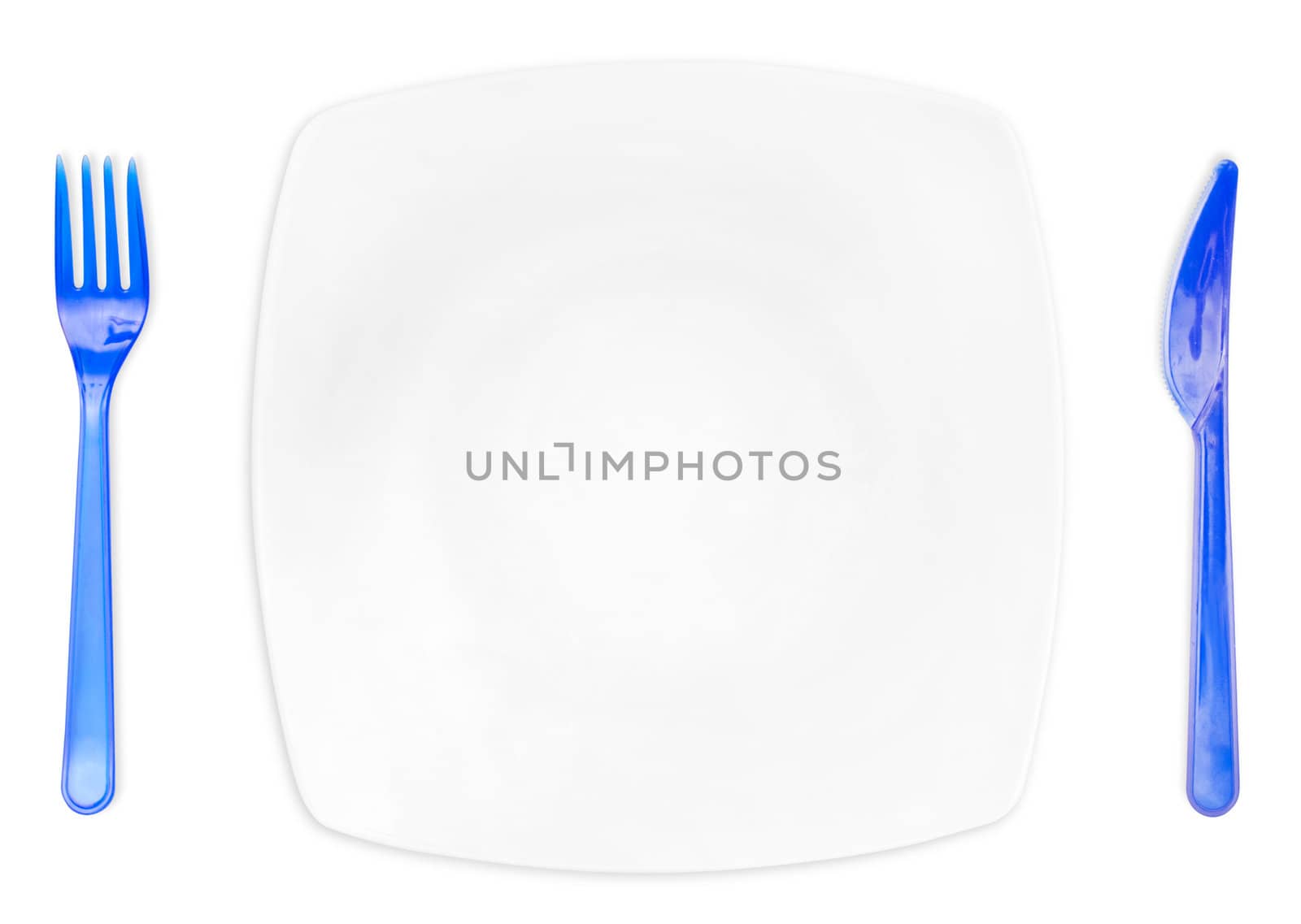 White plate and utensil on white background