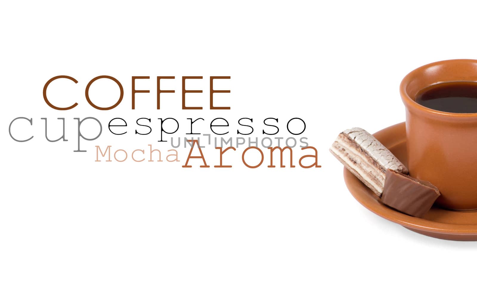 Closeup shot of freshly prepared cup of italian espresso with cinnamon and candy over white background