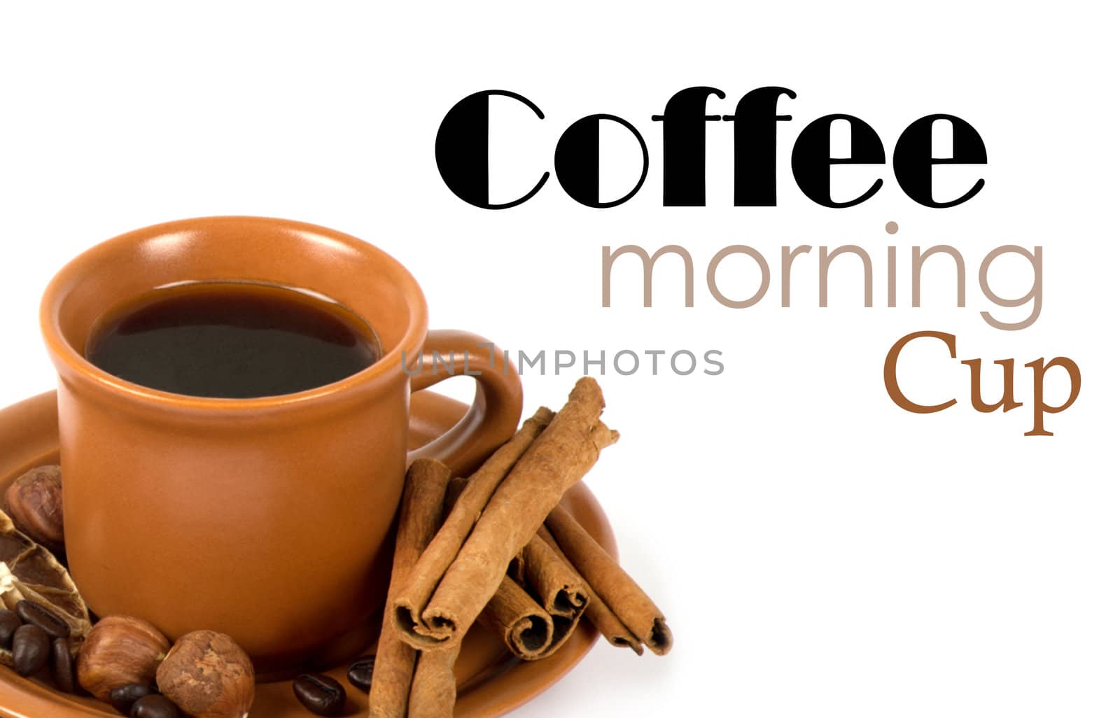 Coffee with ingredients on white background
