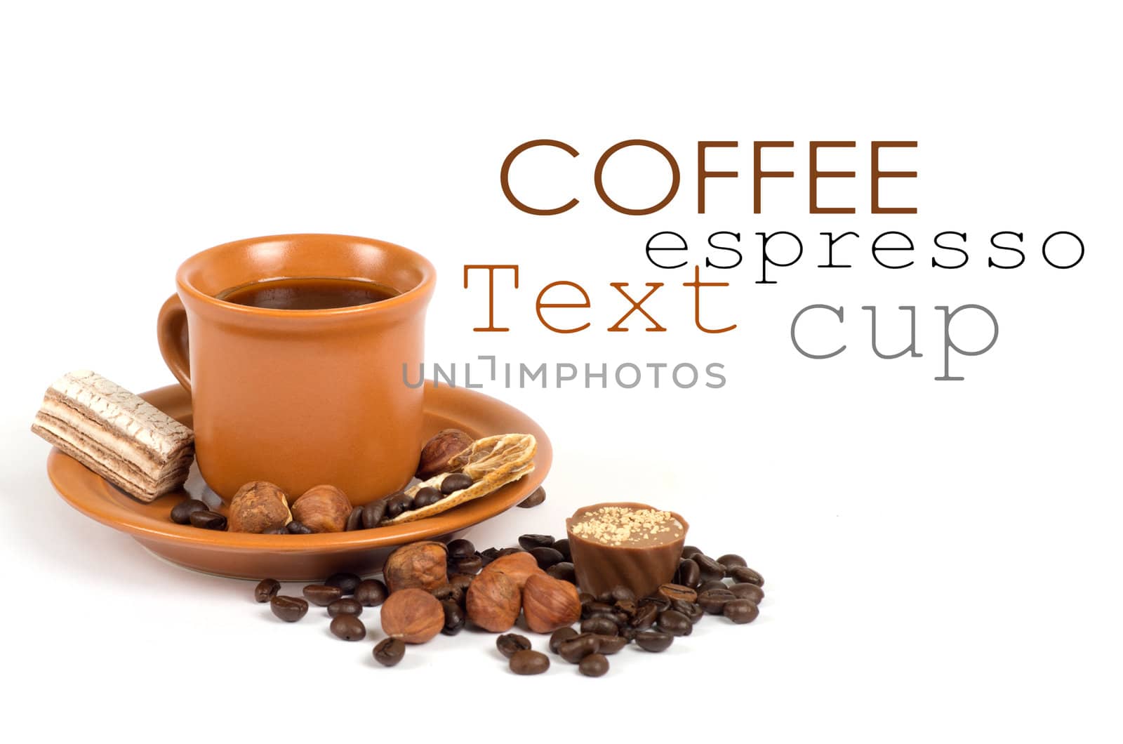 Cup of coffee with ingredients on a white background