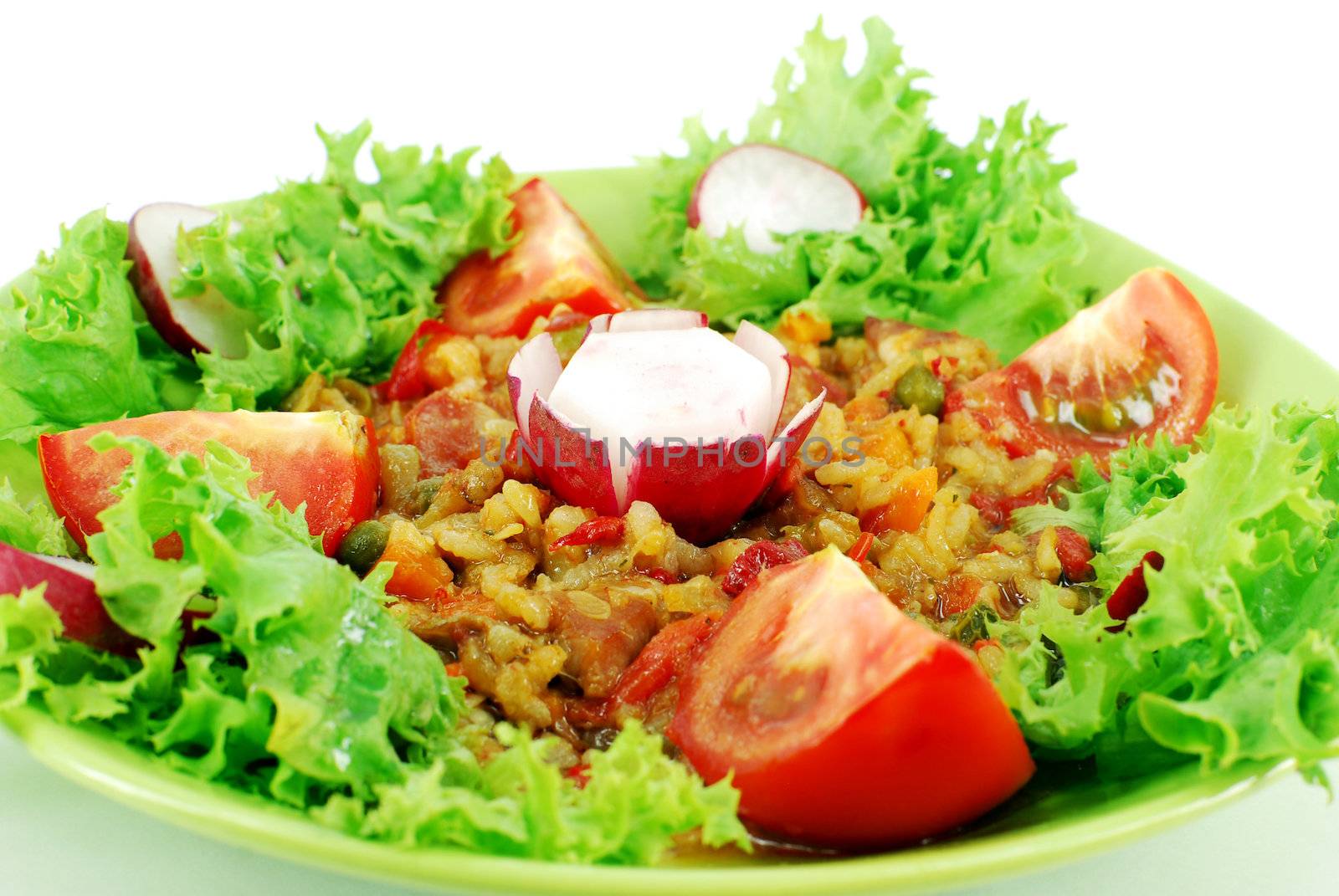 Stew and vegetables with salad