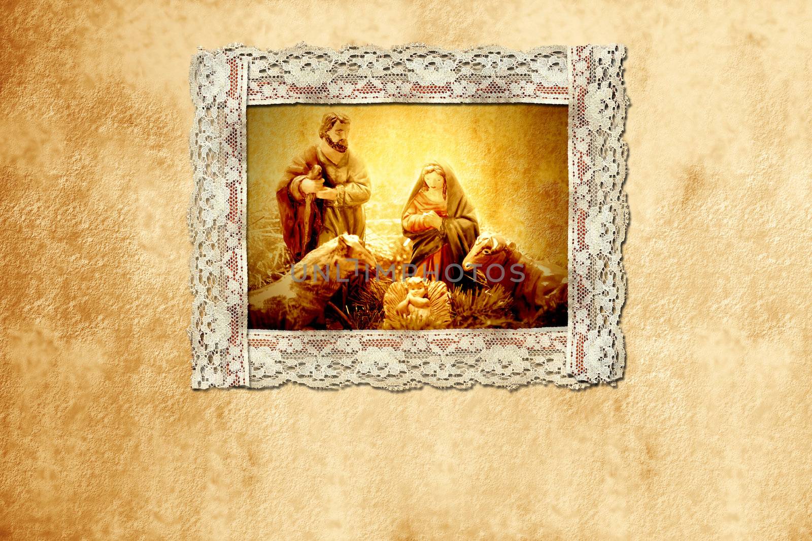 old Christmas card, holy family by Carche