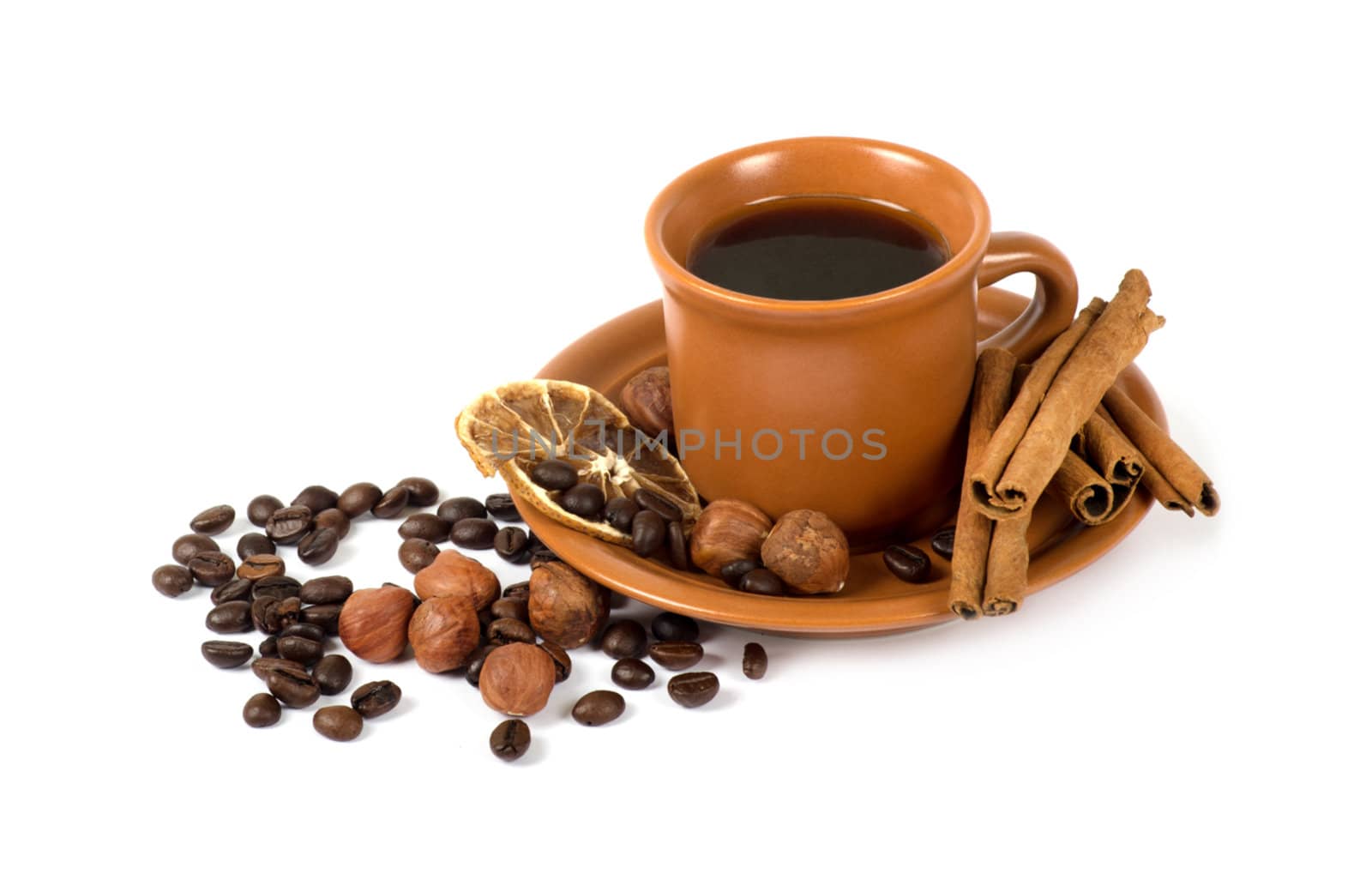Coffee with ingredients on white background