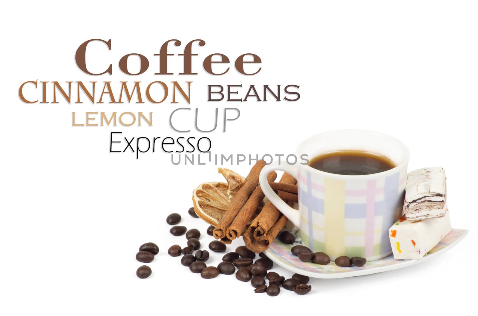 Cup of coffee with ingredients on a white background