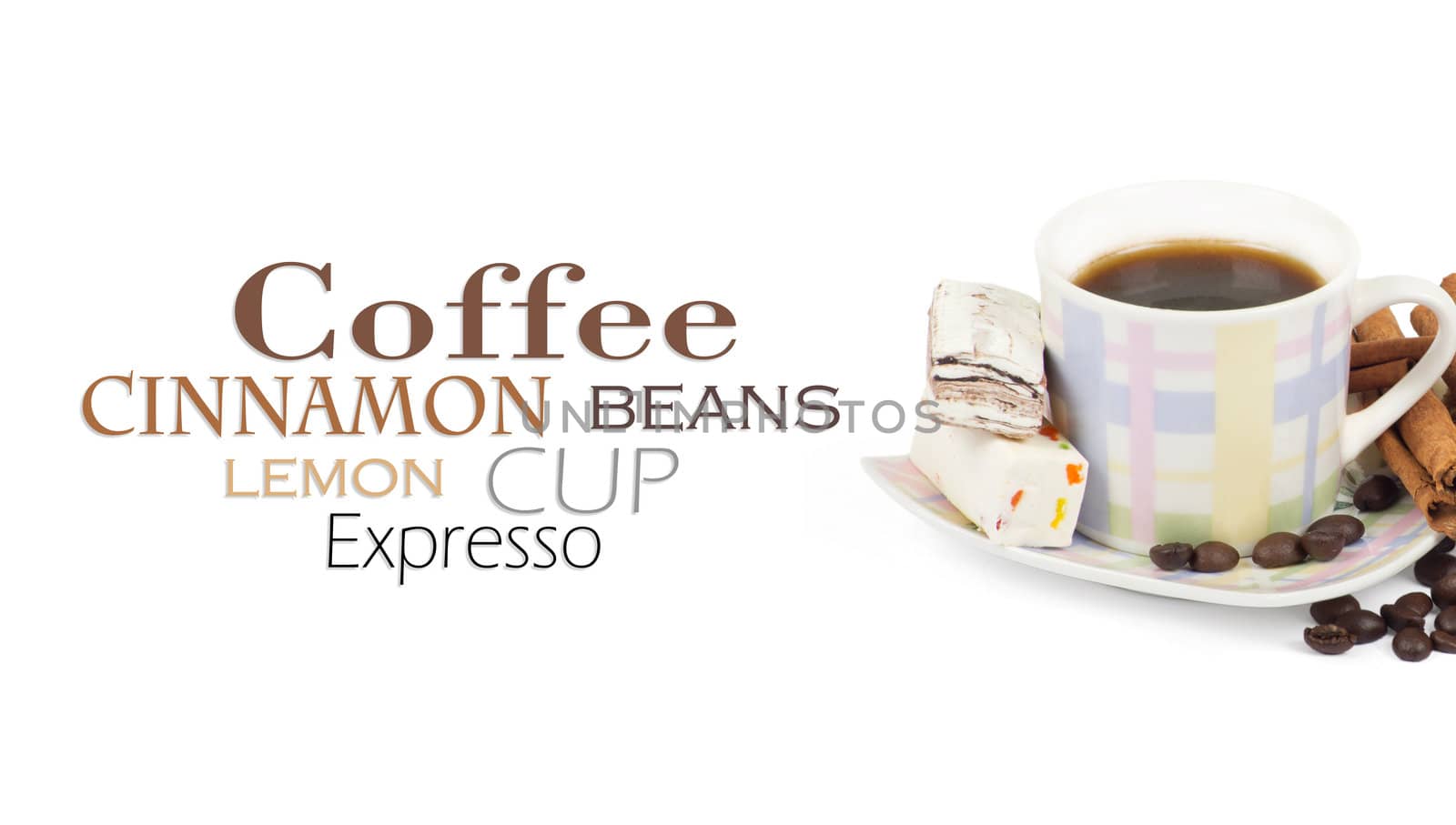 Cup of coffee with ingredients on a white background