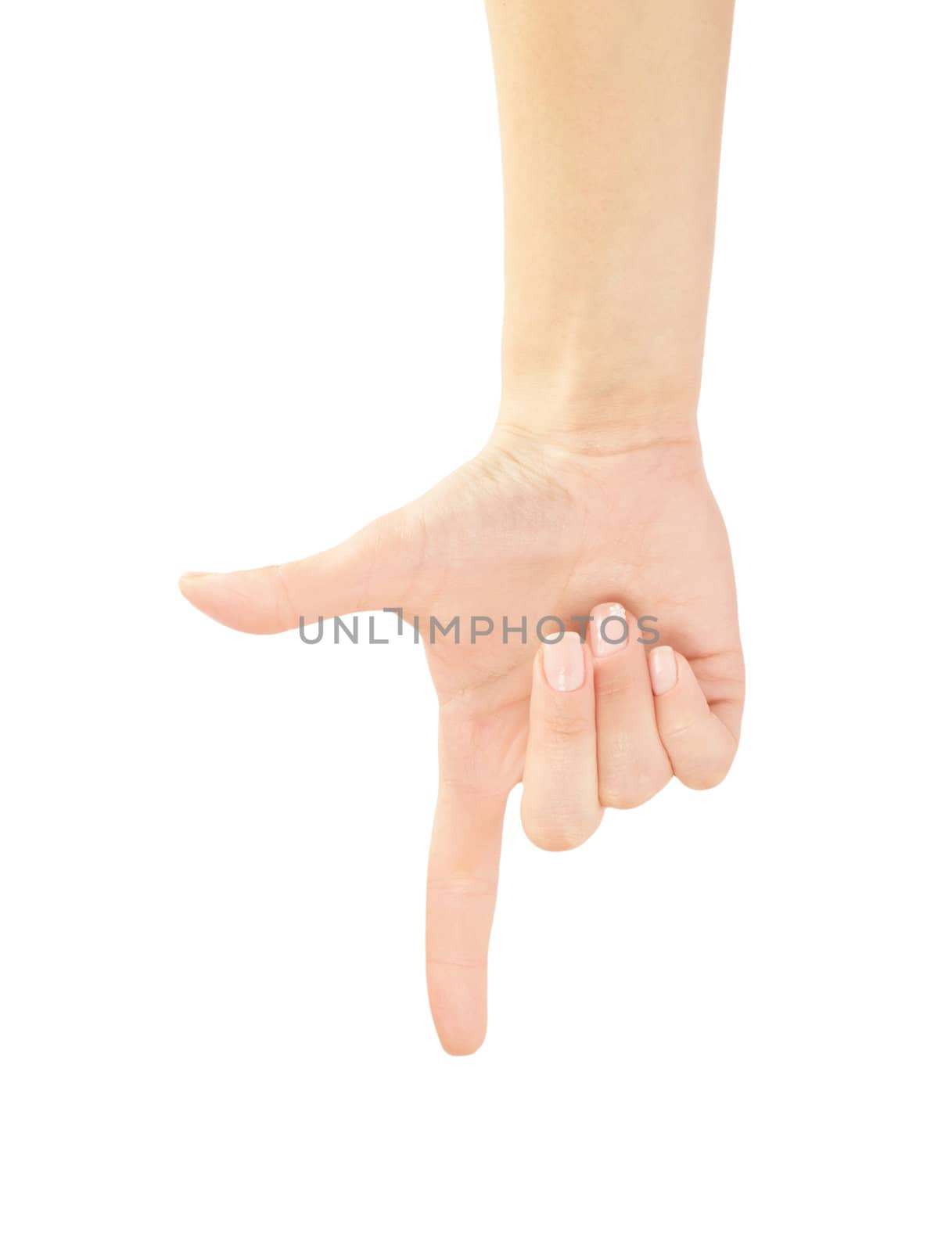 Hand pointing, touching or pressing isolated on white. Caucasian female.