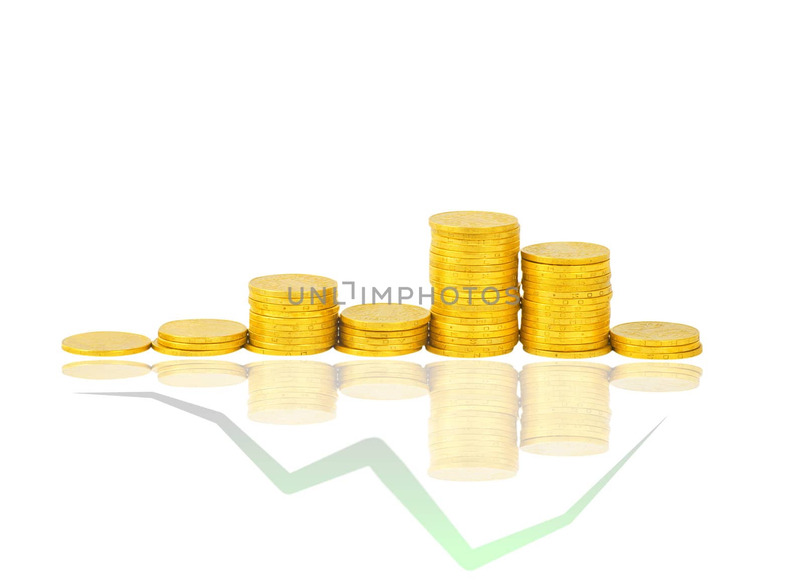 gold coins and plant isolated on white