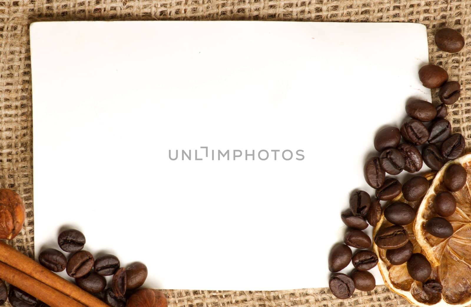 Menu Design.Old paper, coffee bean, cinnamon, lemon, burlap.