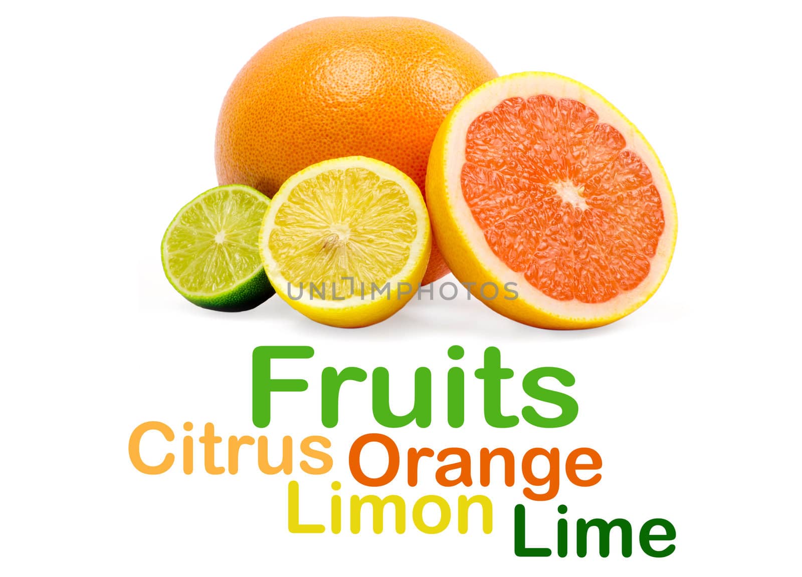 image of a fresh whole lime,lemon and orange isolated on white