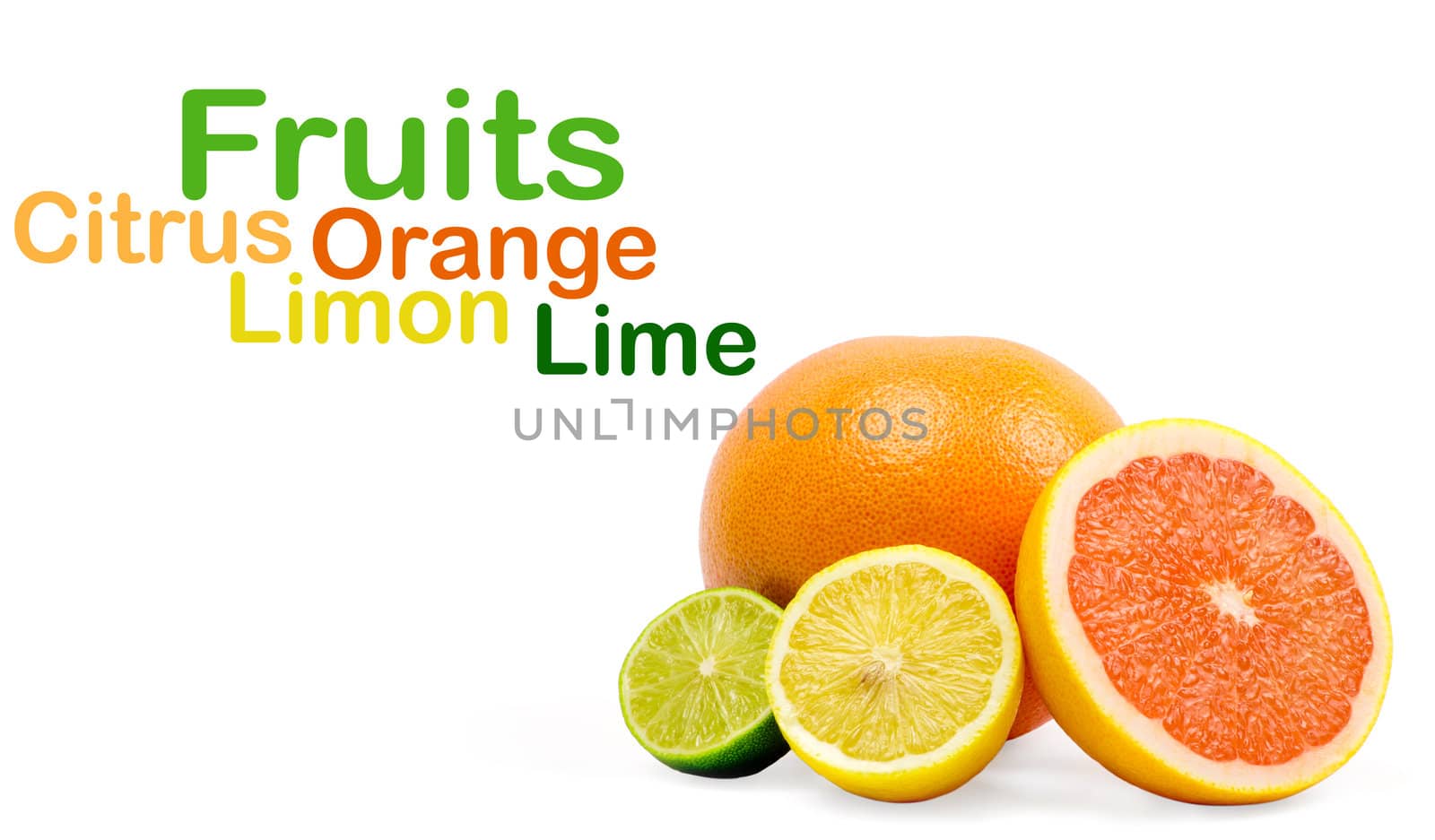 image of a fresh whole lime,lemon and orange isolated on white