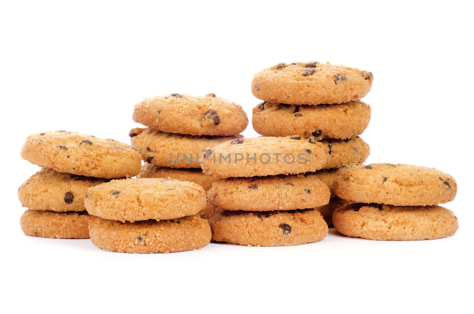A stack of chocolate chip cookies isolated on a white background.