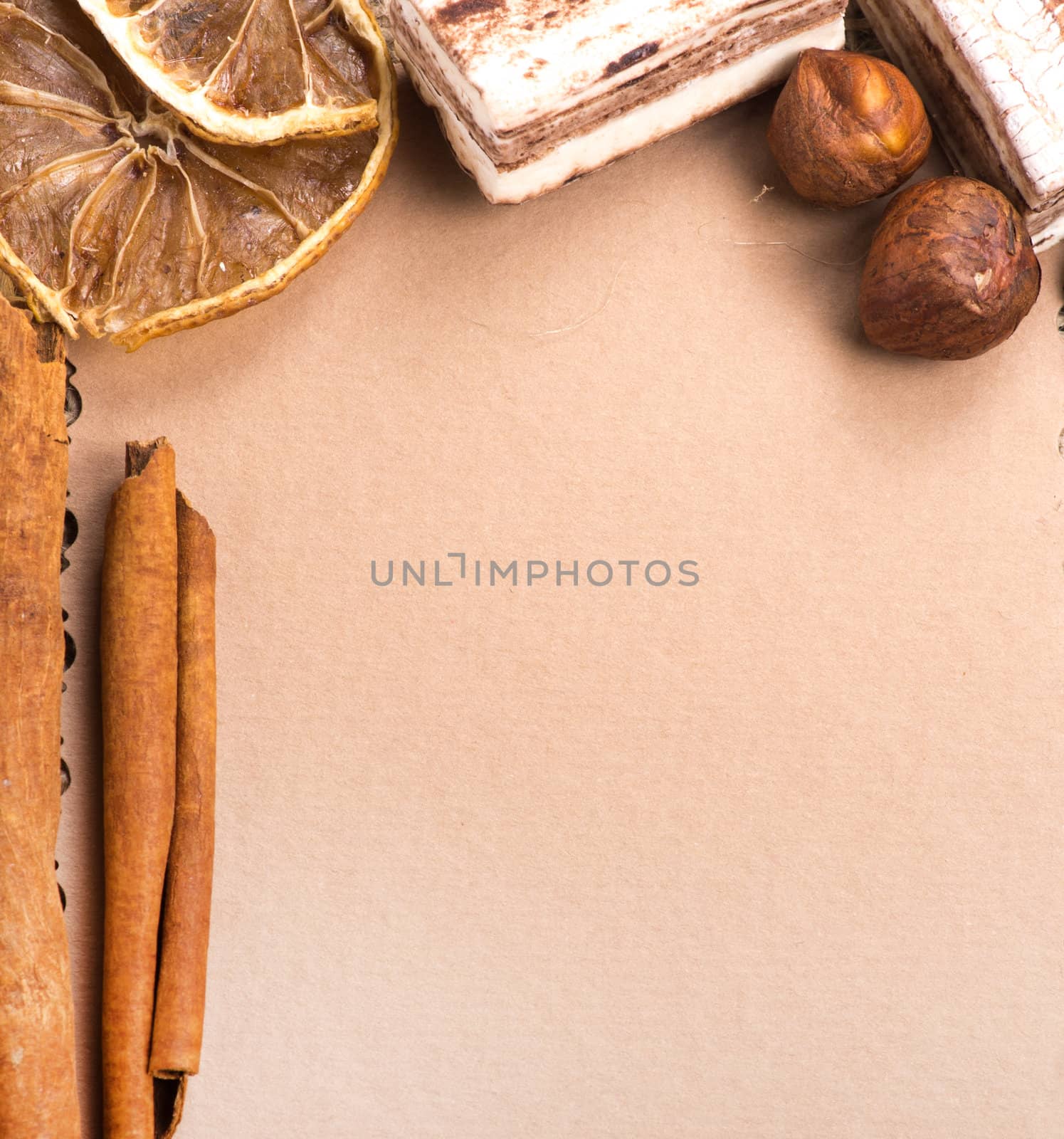 Menu Design. Old paper, coffee bean, cinnamon, lemon, burlap.