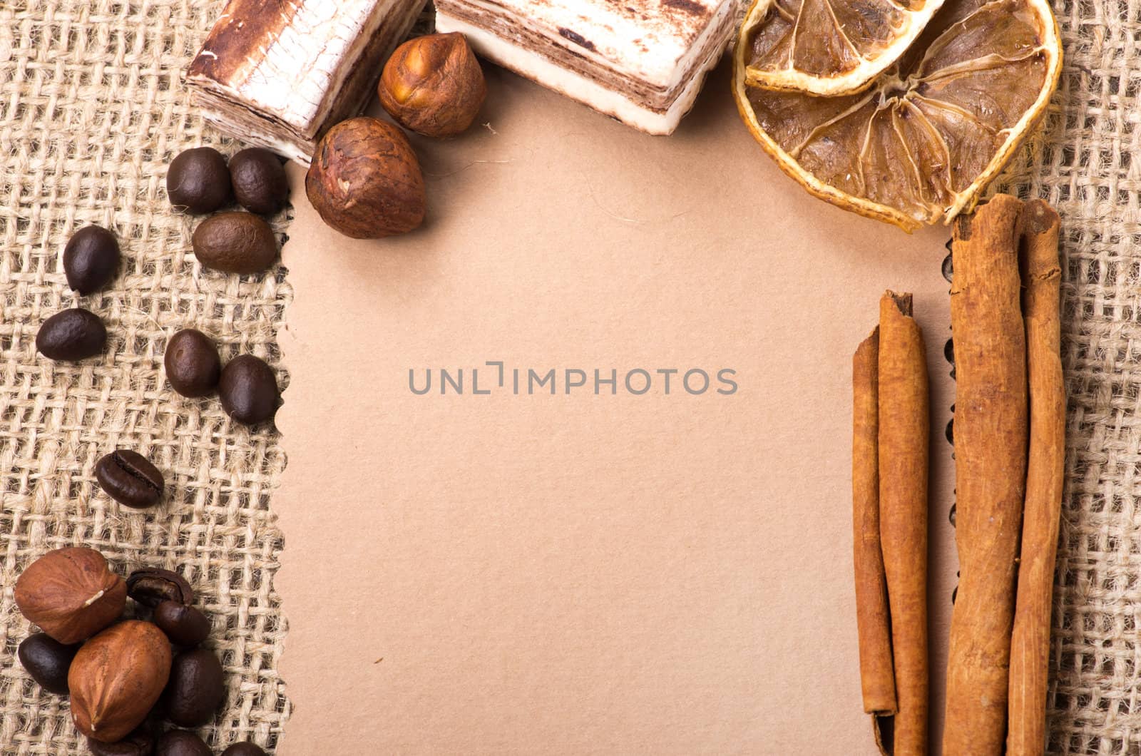 Menu Design. Old paper, coffee bean, cinnamon, lemon, burlap.