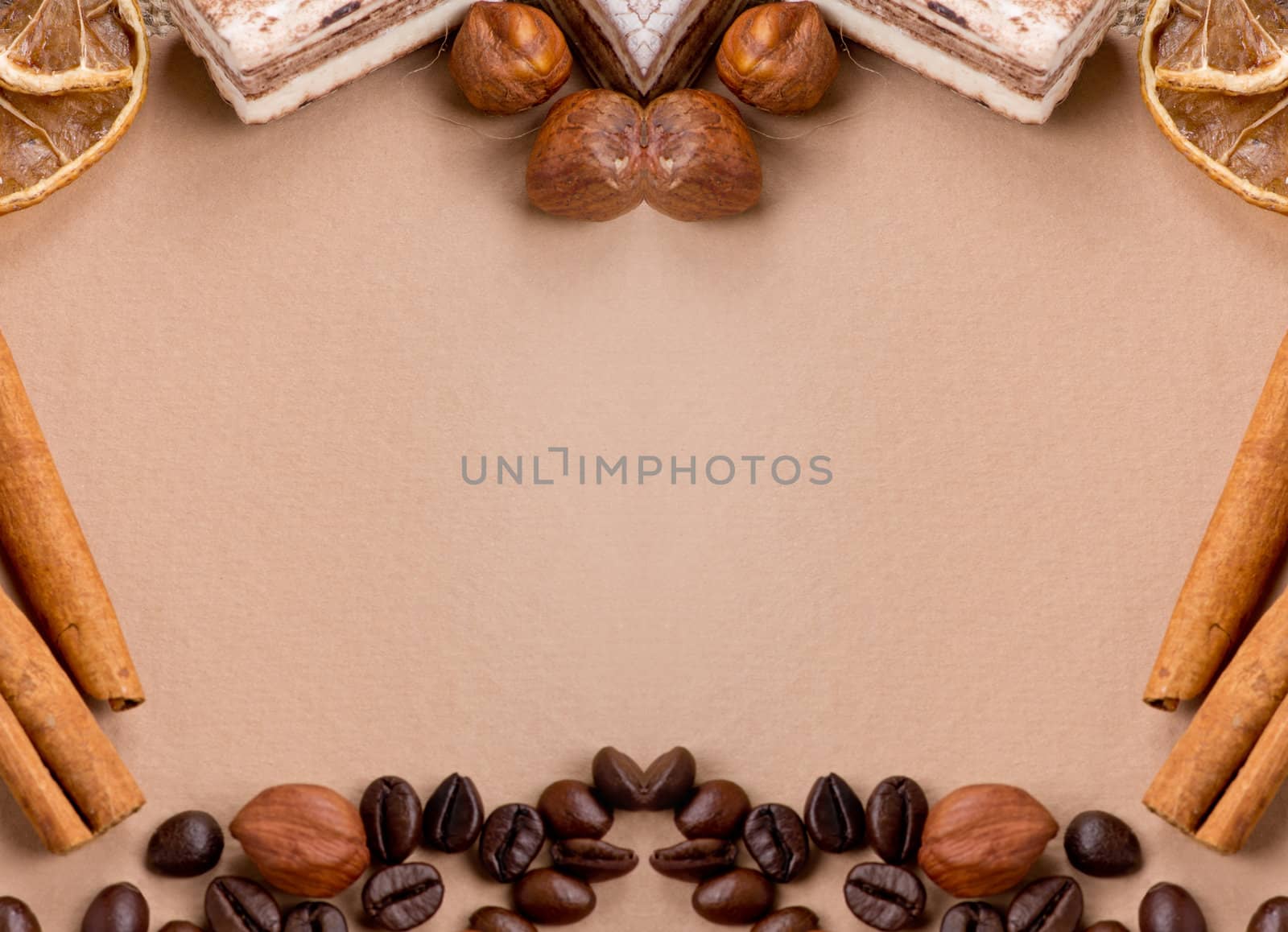 Close up of coffee, cinnamon, nuts, sweet on old paper material. Place for text.