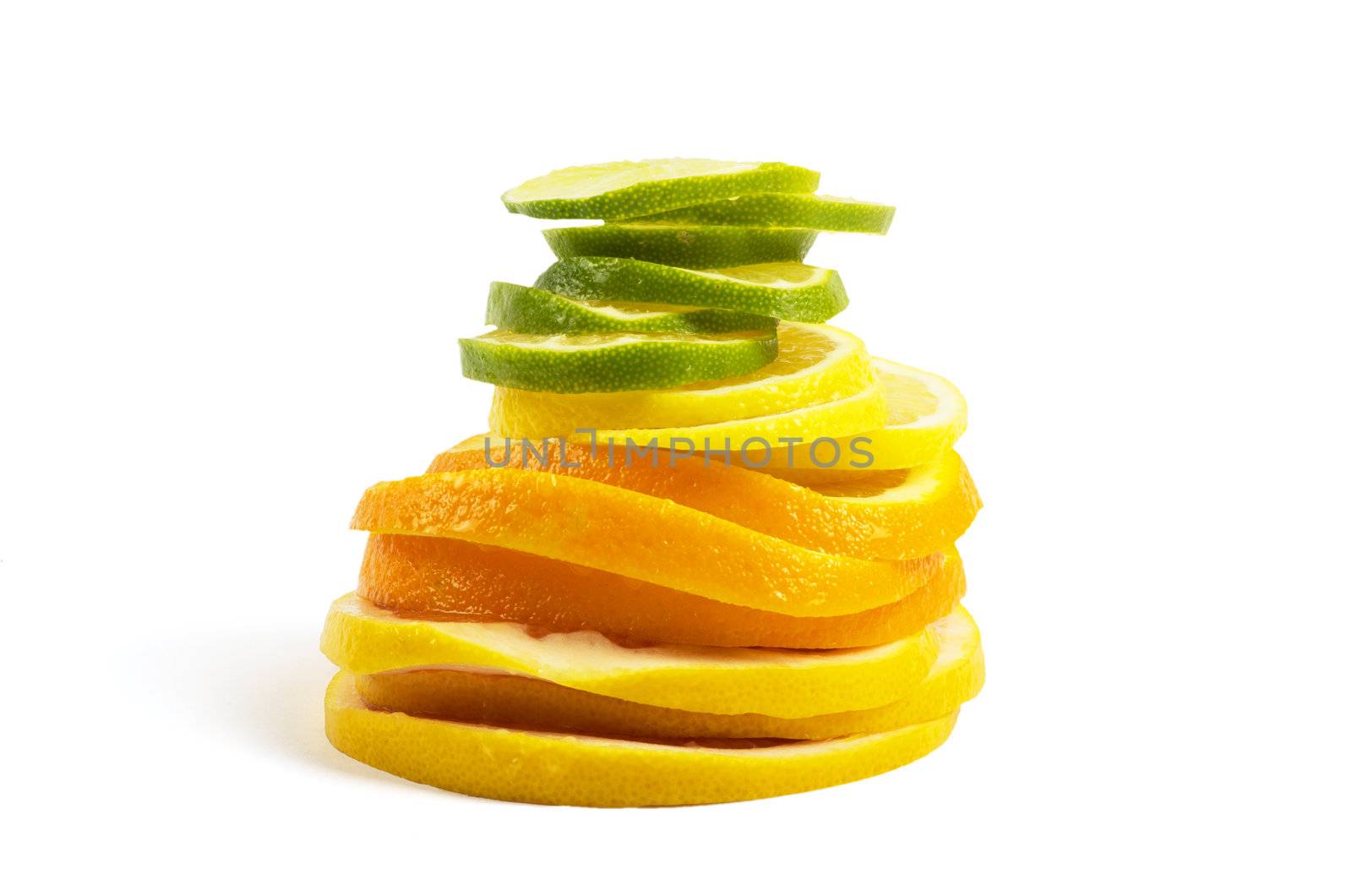 Vitamin C Overload, Stacks of sliced fruit isolated on white