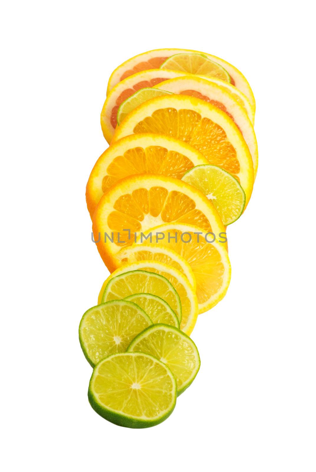Vitamin C Overload, Stacks of sliced fruit isolated on white