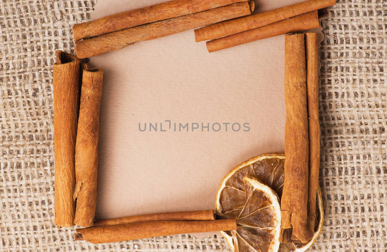 old paper for recipes and spices on burlap closeup