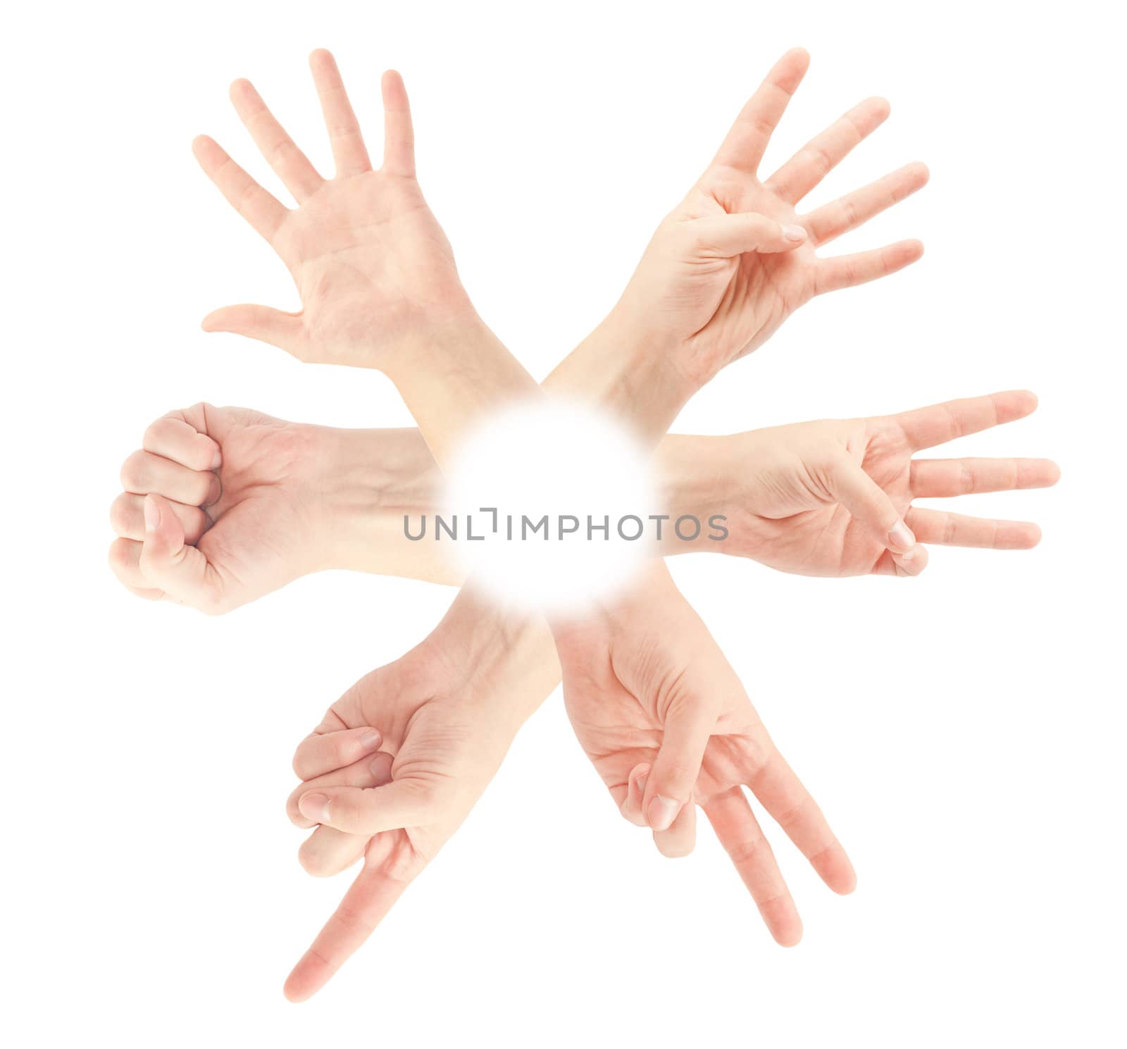 Counting man hands (0 to 5) isolated on white background