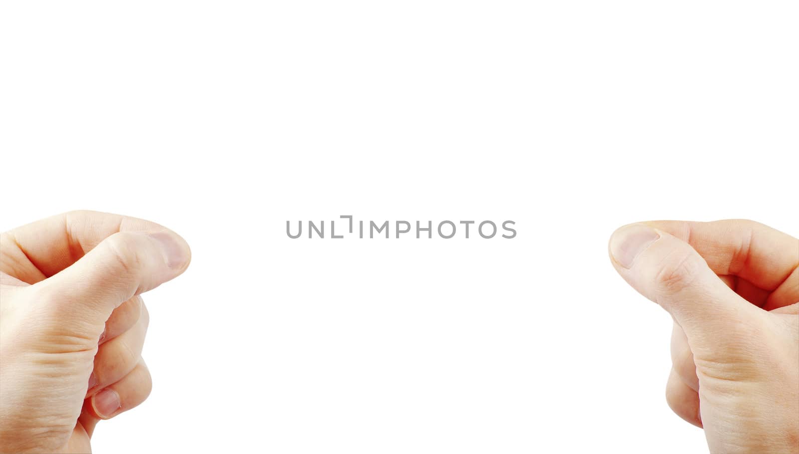 well shaped male hand and arm holding for something isolated on white