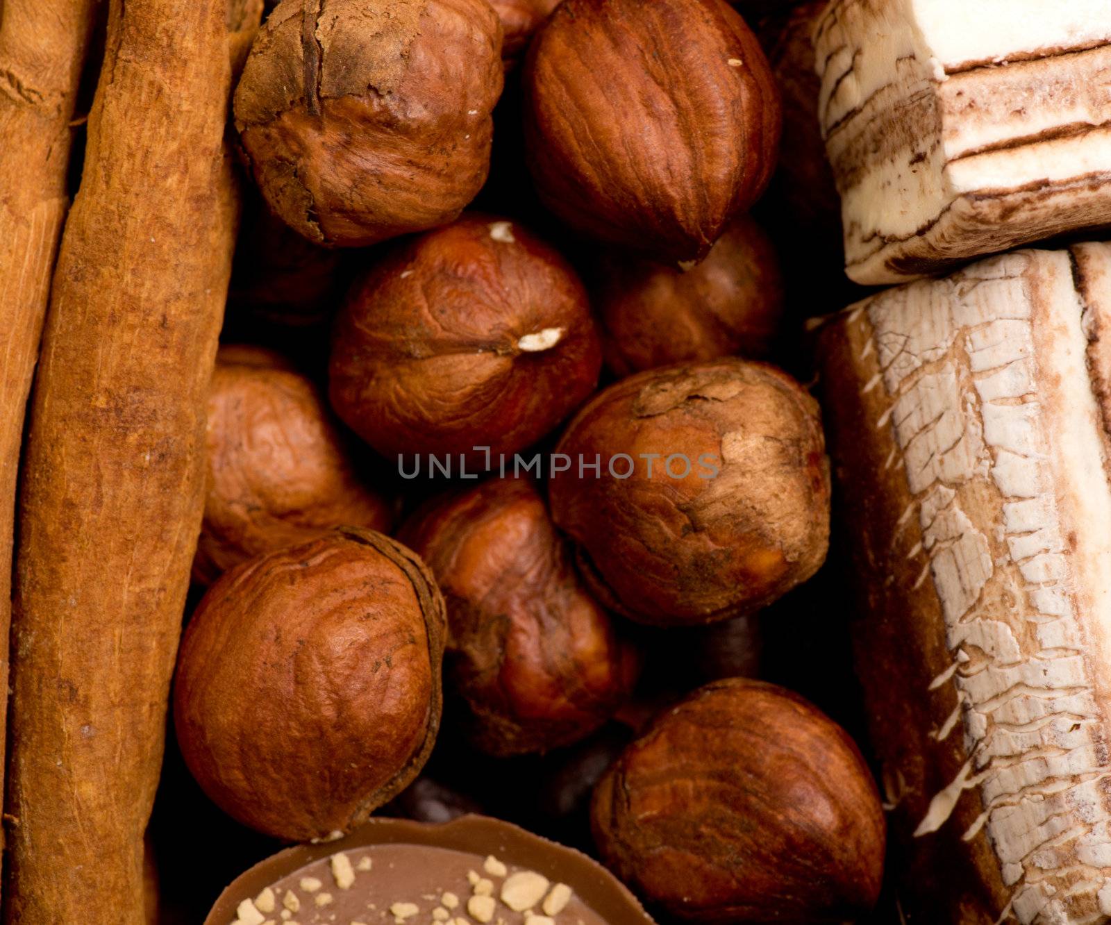 coffee beans, cinnamon and nuts 