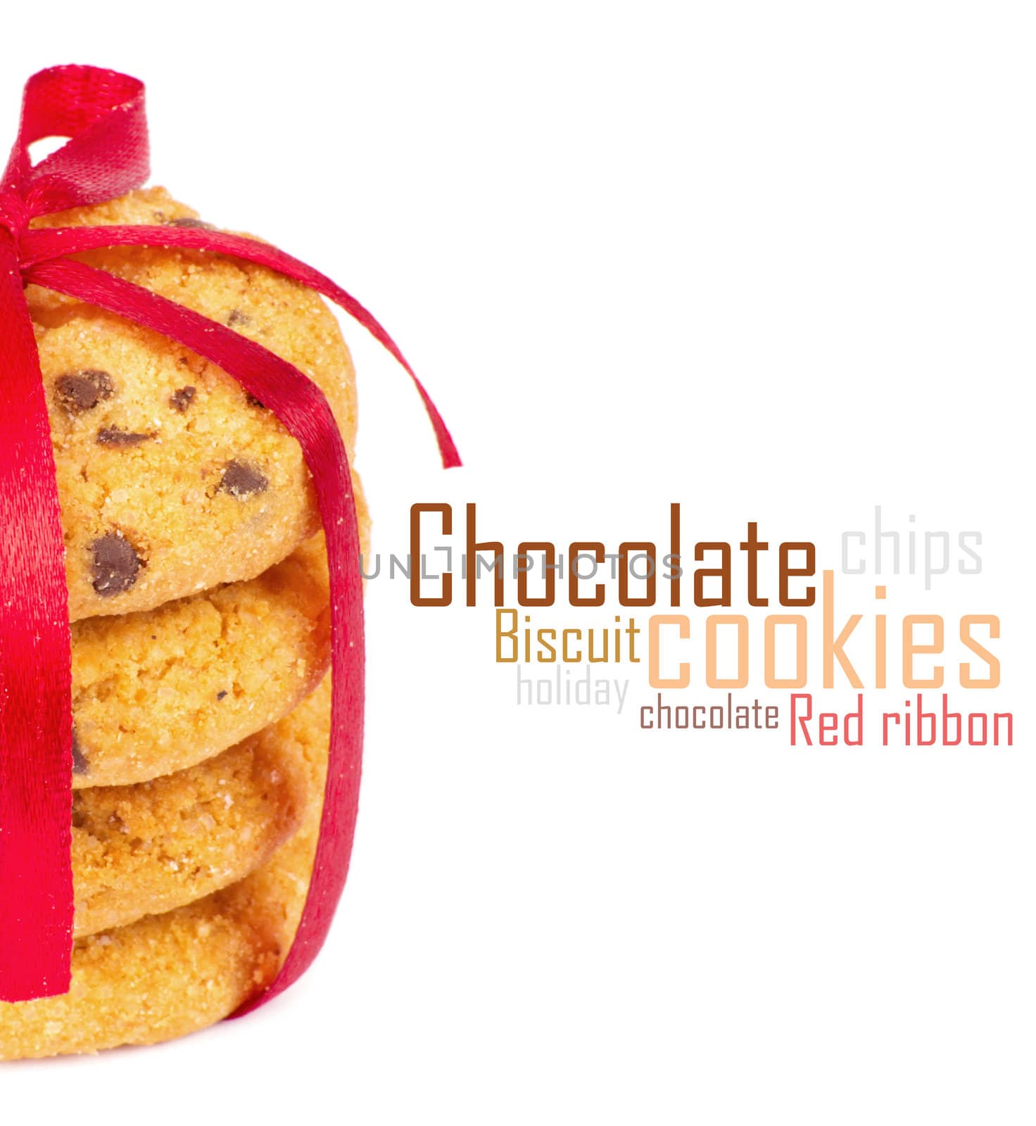 Chocolate chips cookies with red ribbon isolated on white